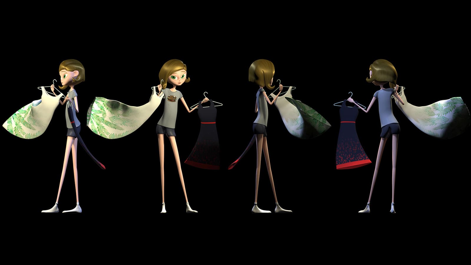 A turnaround of Skye, the protagonist, showcasing two of her dresses on hangers to decide which one is most appropriate for her date.