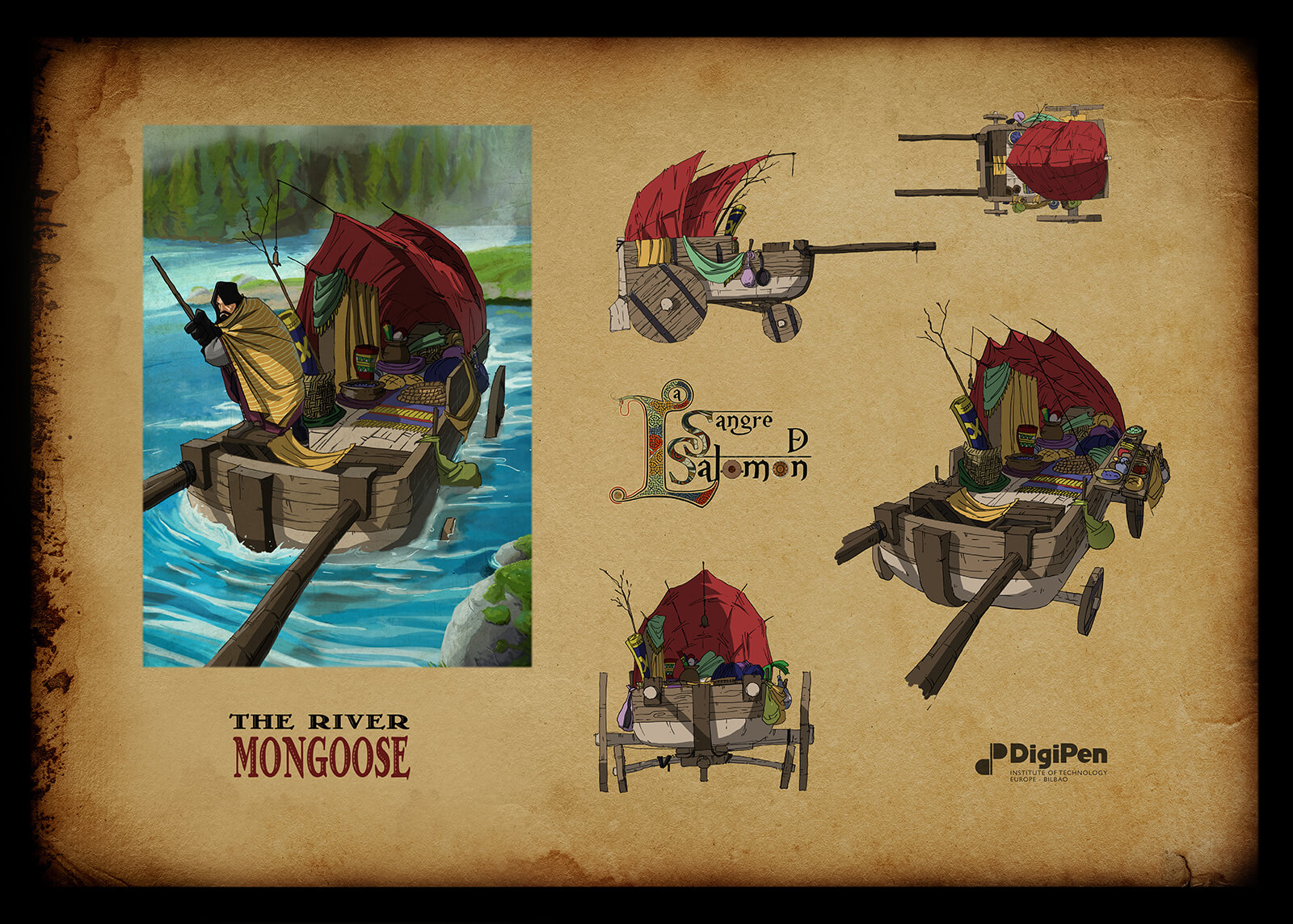 Dibujo conceptual de un carro de madera con varios utensilios y artilugios en su interior, reconvertido en una barca cubierta por un toldo rojo.