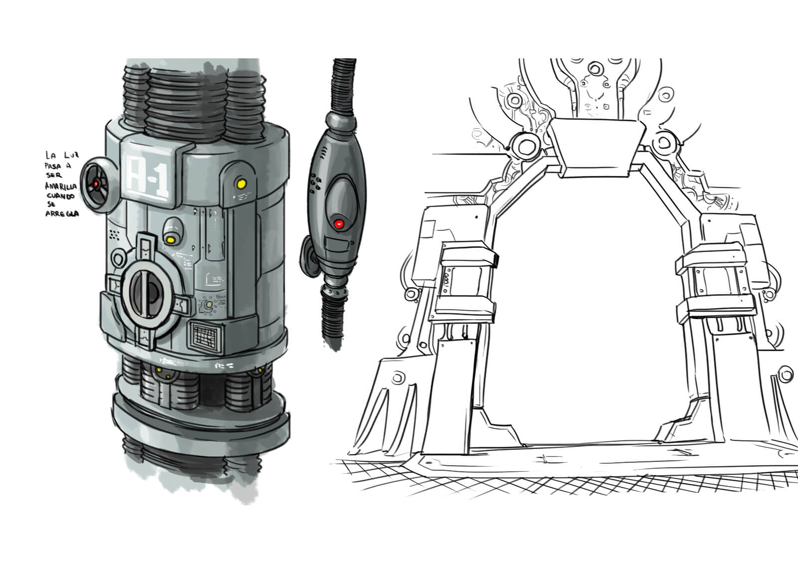 Color sketch of a gray, metallic chamber and a black-and-white sketch of a futuristic doorway