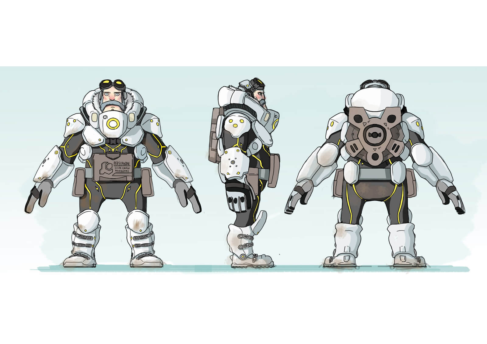 Concept color drawing of a bearded man in goggles and white and black futuristic armor accented with yellow lighting