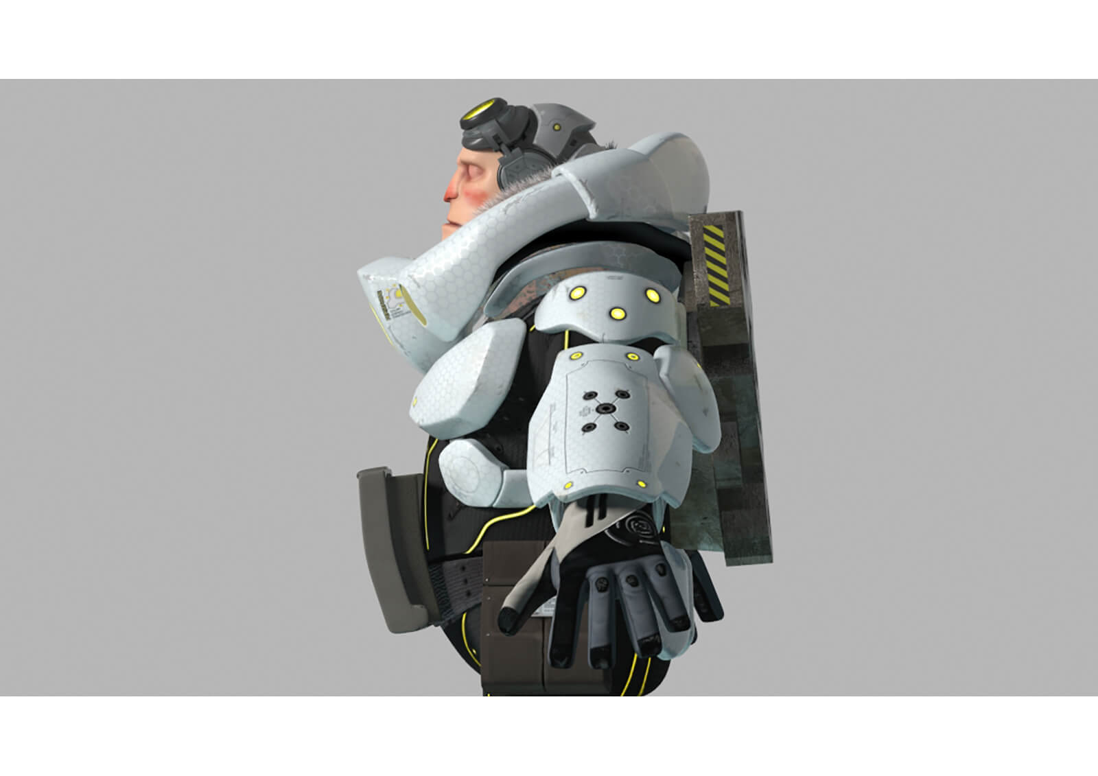 3D model from the film Level 1457 of a man in goggles and black and white futuristic armor as seen from the side