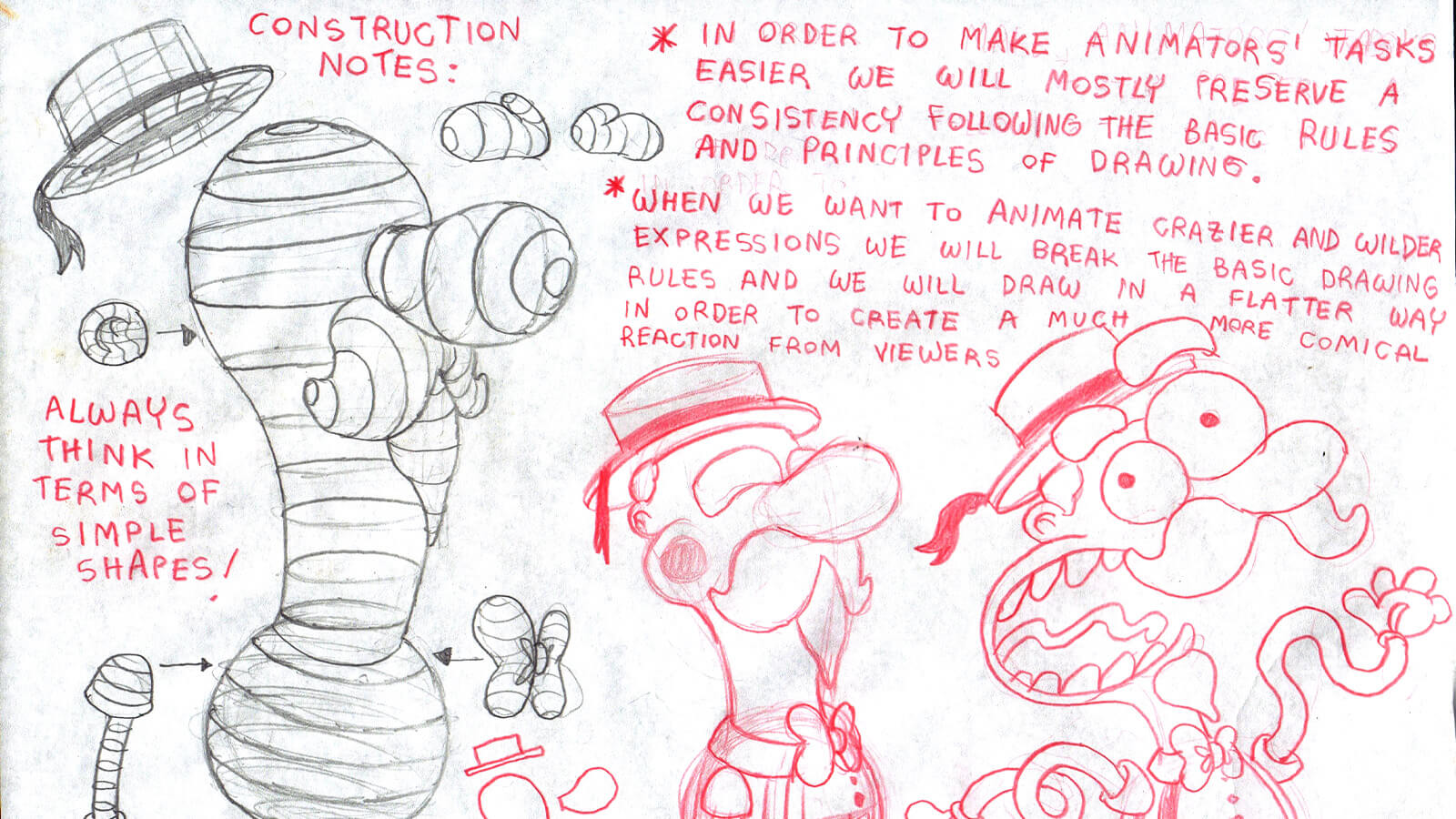 Drawing concepts of the old carnival balloonman with written notes