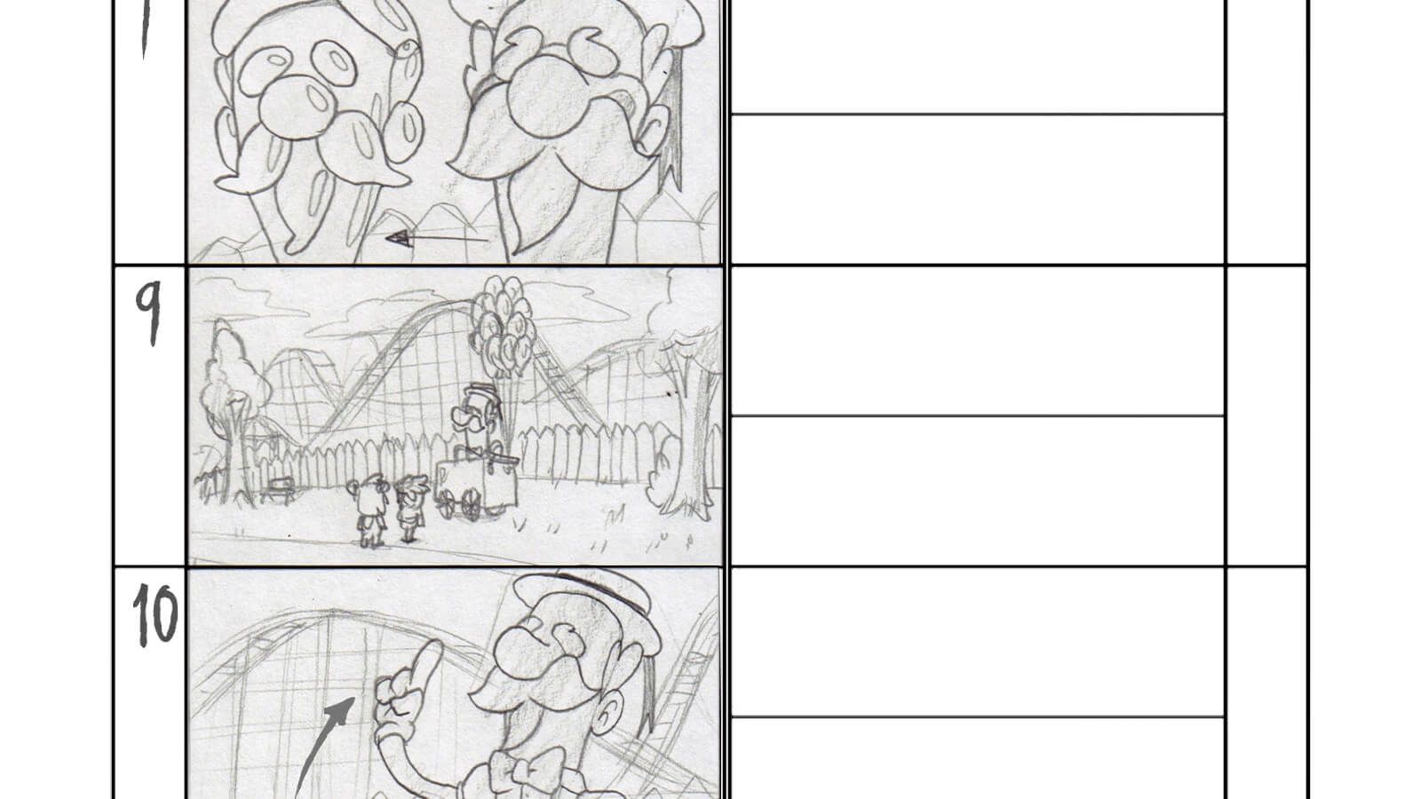 Storyboard concepts featuring three slides of the old carnival balloonman
