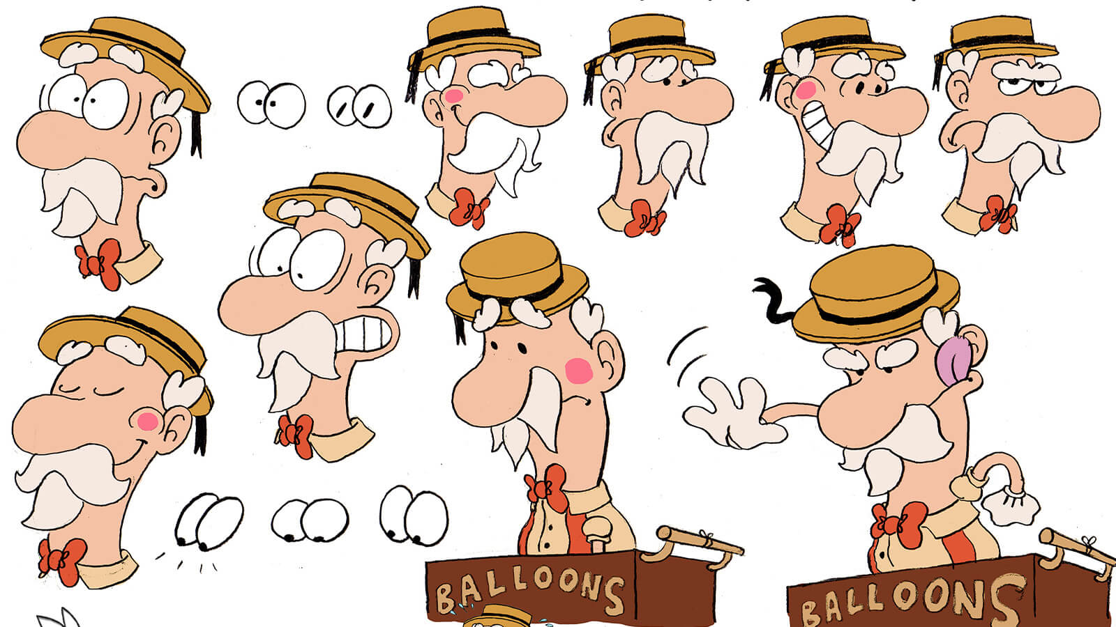 Concept artwork of the old carnival balloonman with different facial expressions