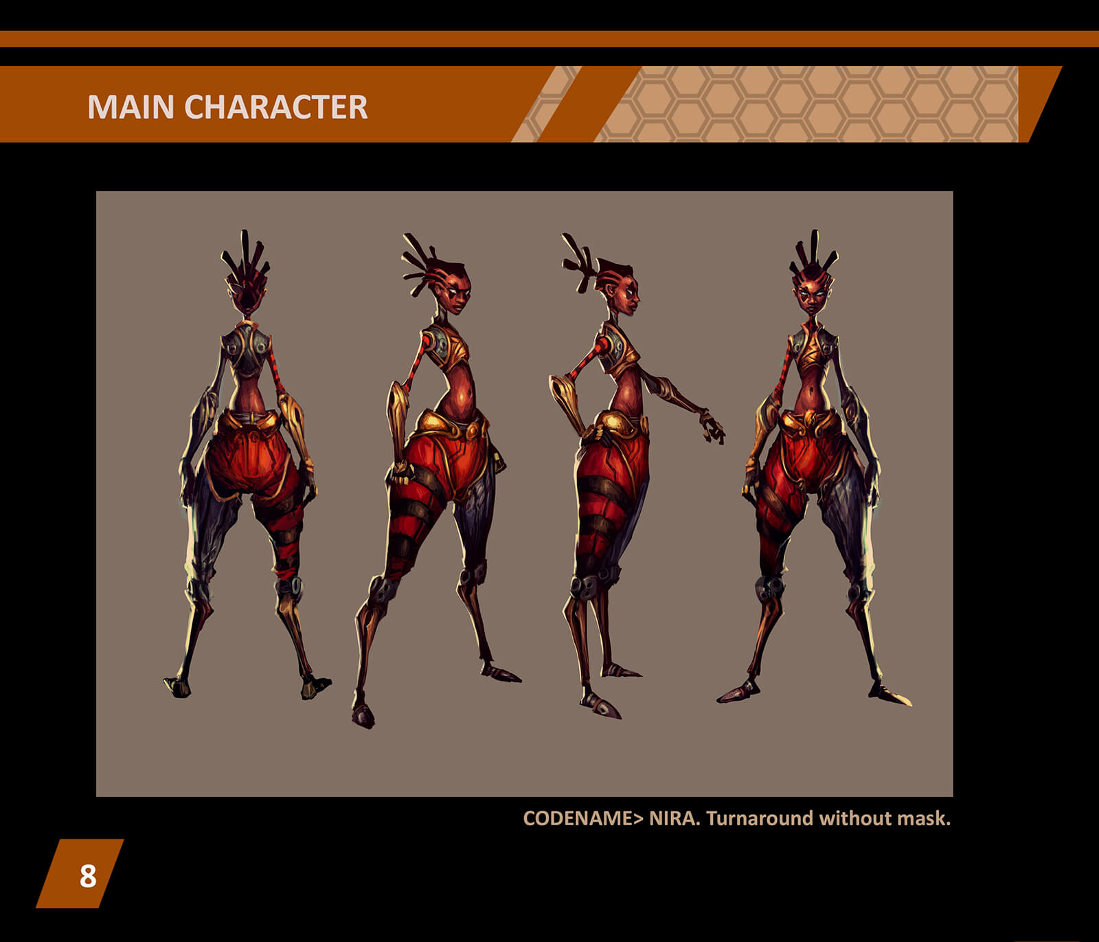 Turnaround del personaje de una mujer de proporciones abstractas de pie en equipo de batalla rojo y negro adornado.