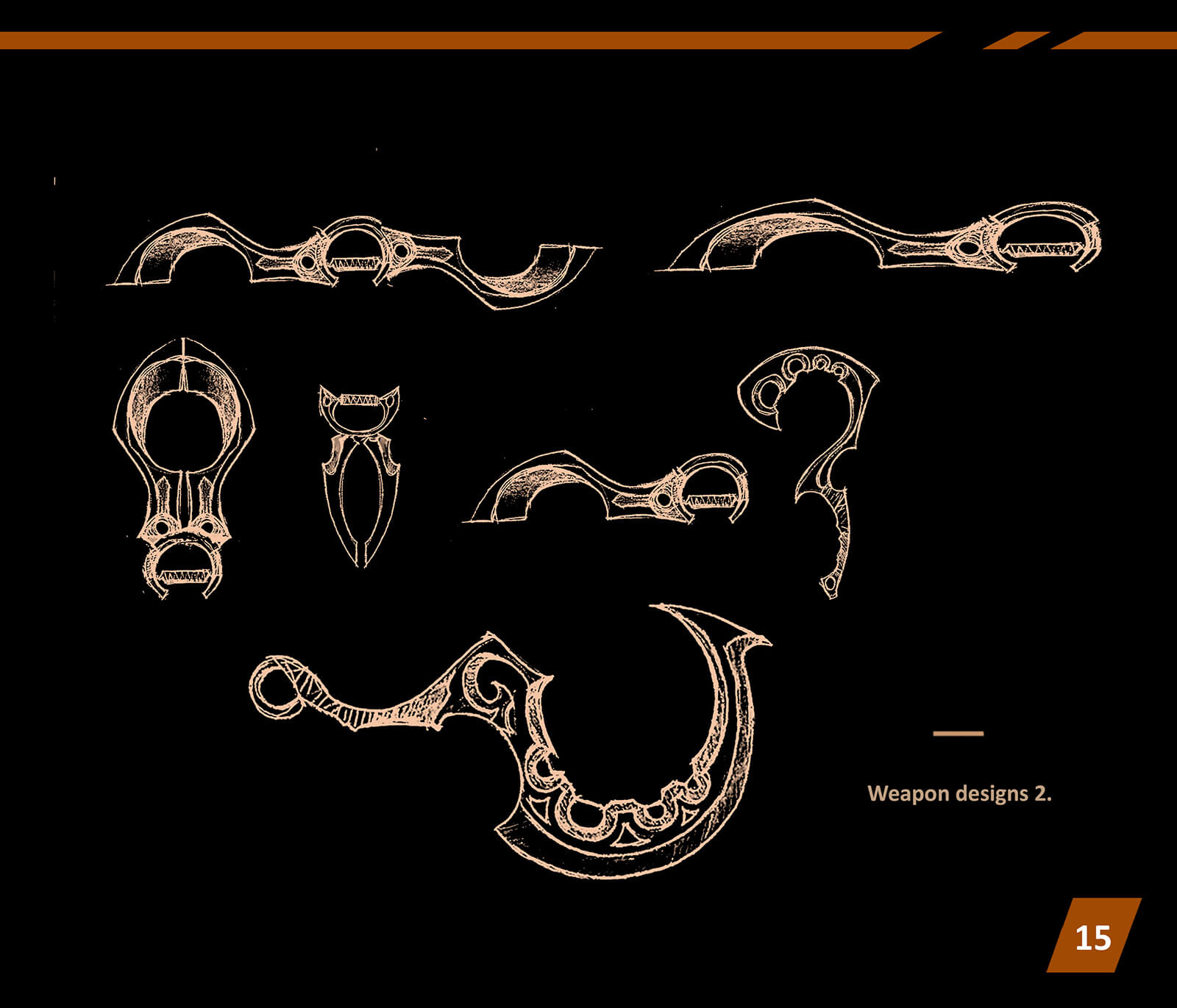 Black and white concept sketches of elaborate, curved swords, daggers, and khopeshes