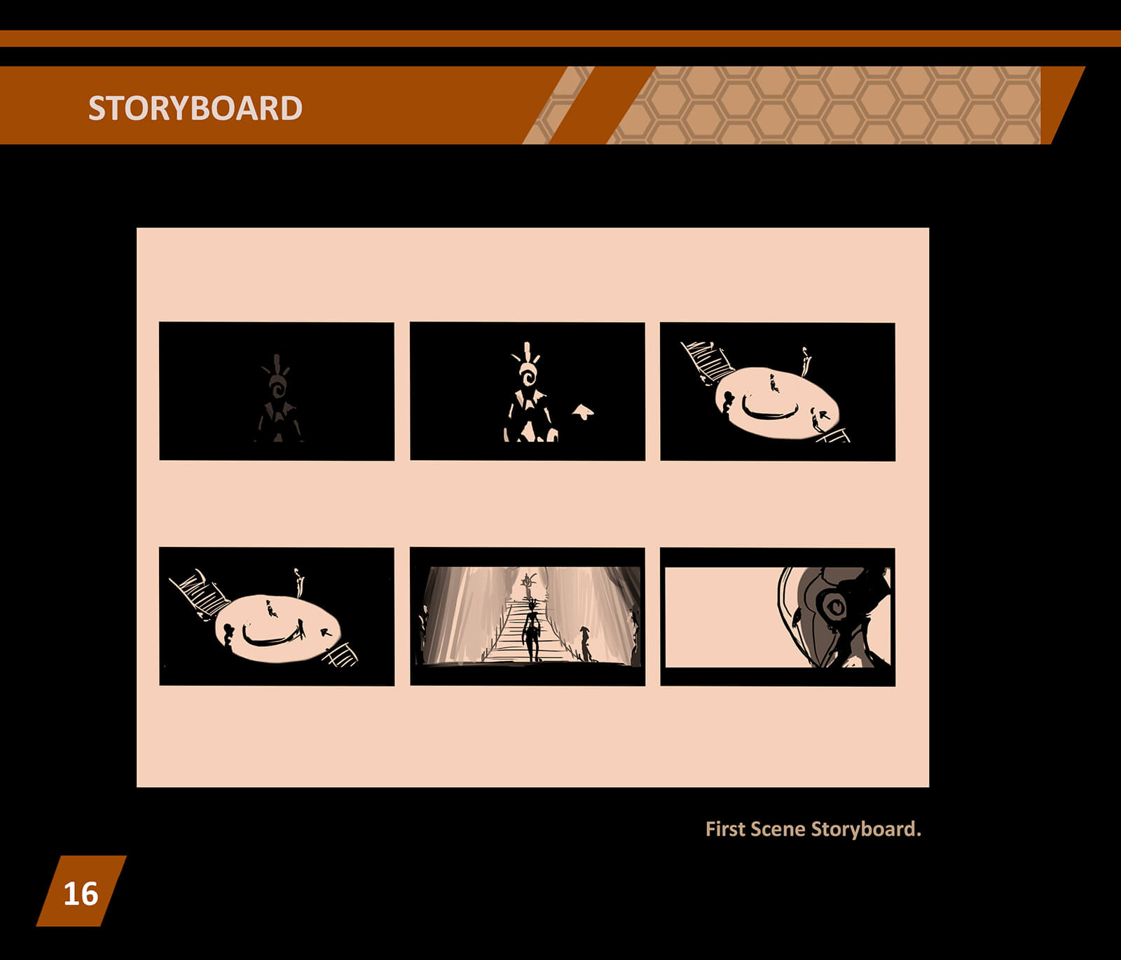 Storyboard en blanco y negro para la película Three Cold Souls, que representa la acción de la primera escena.