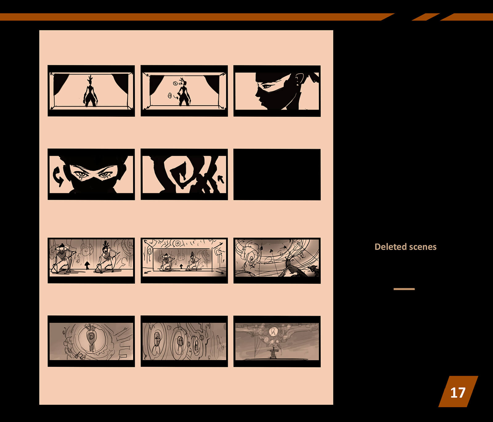 Storyboard en blanco y negro para la película Three Cold Souls, que representa escenas eliminadas.