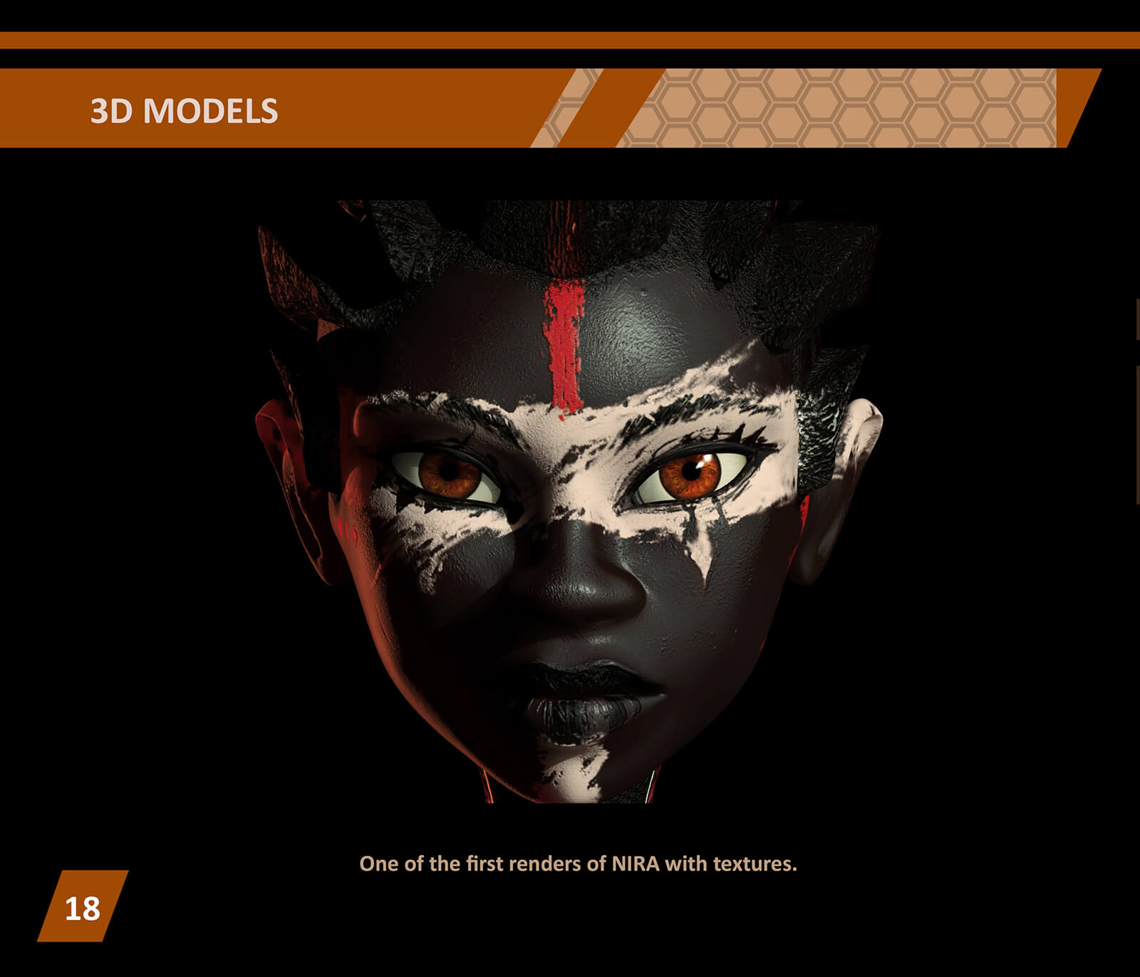 Modelo 3D de un primer plano de una mujer con pintura facial negra, blanca y roja mirando hacia adelante con ojos rojos.