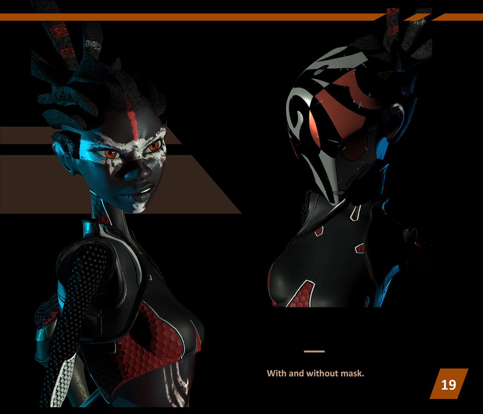 3D model of a woman with black, white, and red face paint with and without a mask