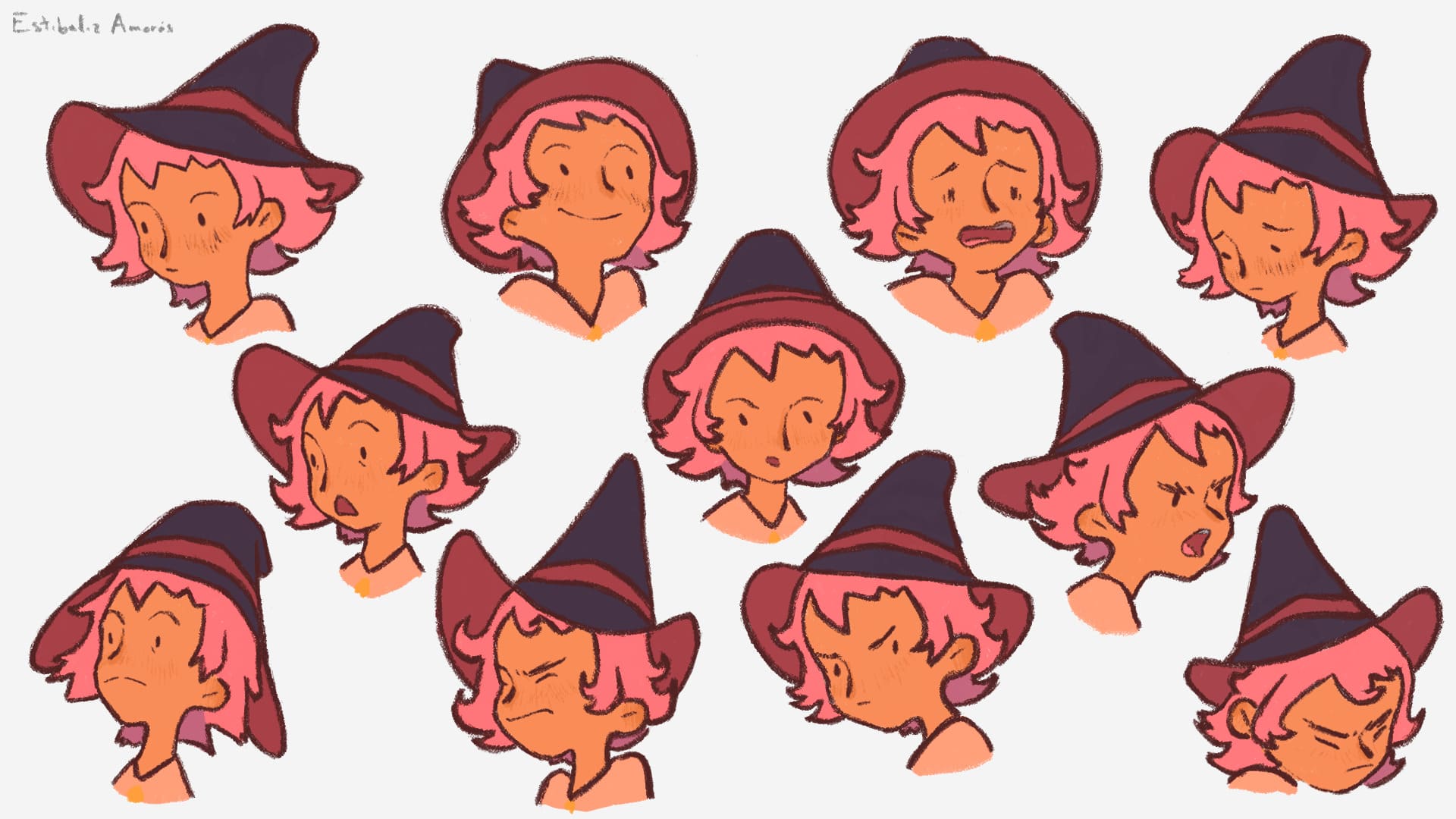 Facial drawings of a young witch in her different moods.