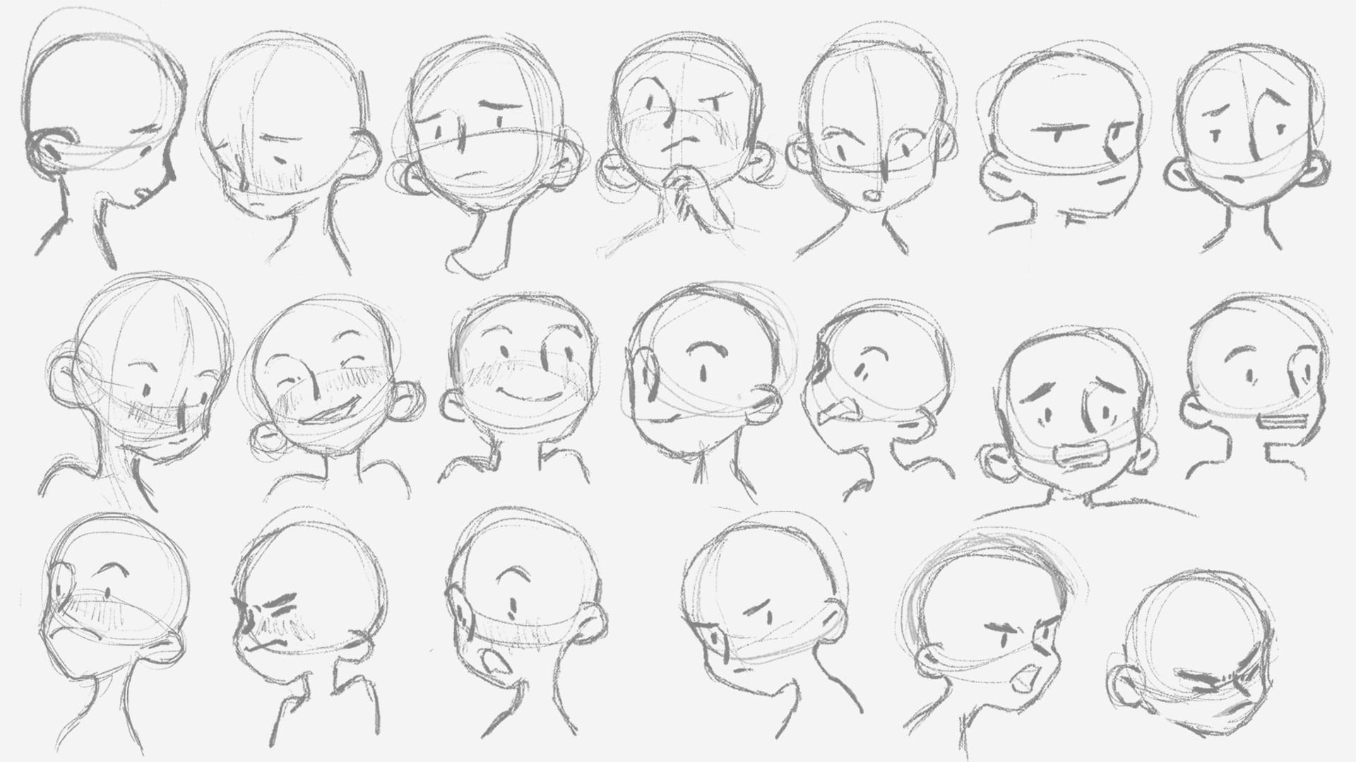 Sketches of the facial expressions of the main character without attire, hair, or color.