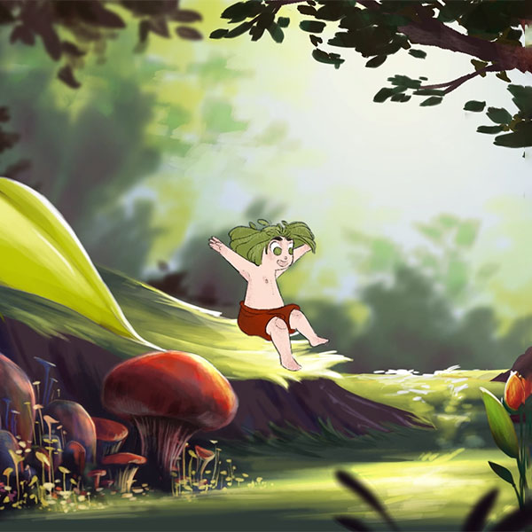 A young child slides down a giant leaf and is about to land near a group of mushrooms within a forest