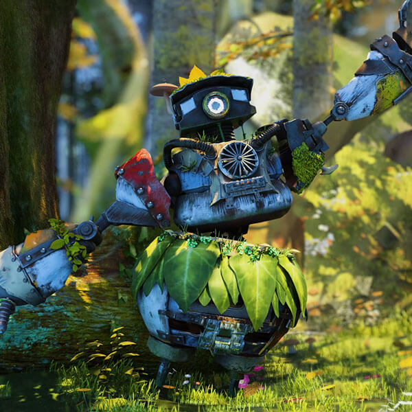 Un robot hecho de varias partes y cubierto de plantas y musgo posa en un bosque
