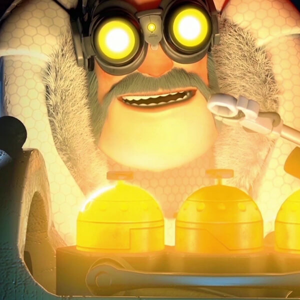 A man in a heavy fur coat and yellow goggles holds a nut in a pair of pliers in front of three glowing golden canisters