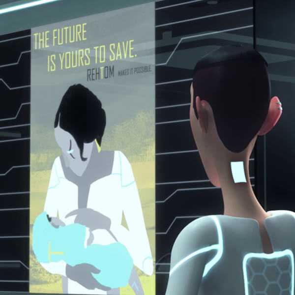 A person in a futuristic setting looks at a poster of a mother with a child in her arms, with "The future is yours to save."