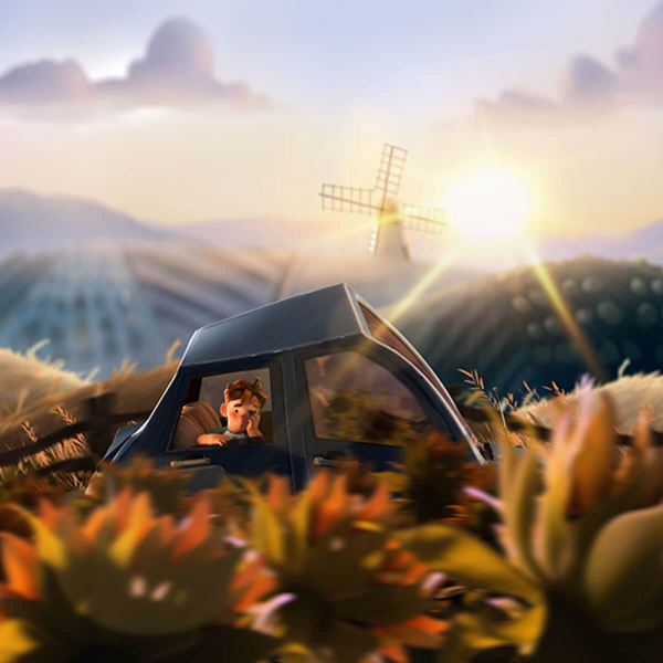 A bored boy looks out the window of a car that's passing through a series of hills with a windmill in the background