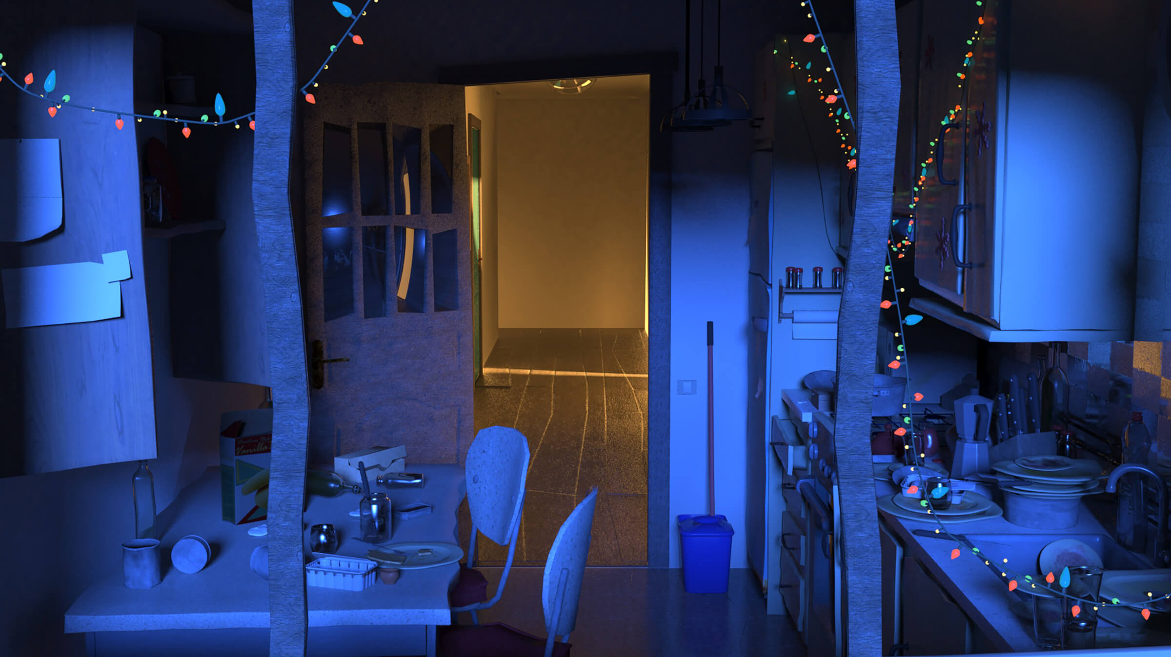 A darkened, messy kitchen decorated with festive lights. A door opened to a lit hallway is in the background.