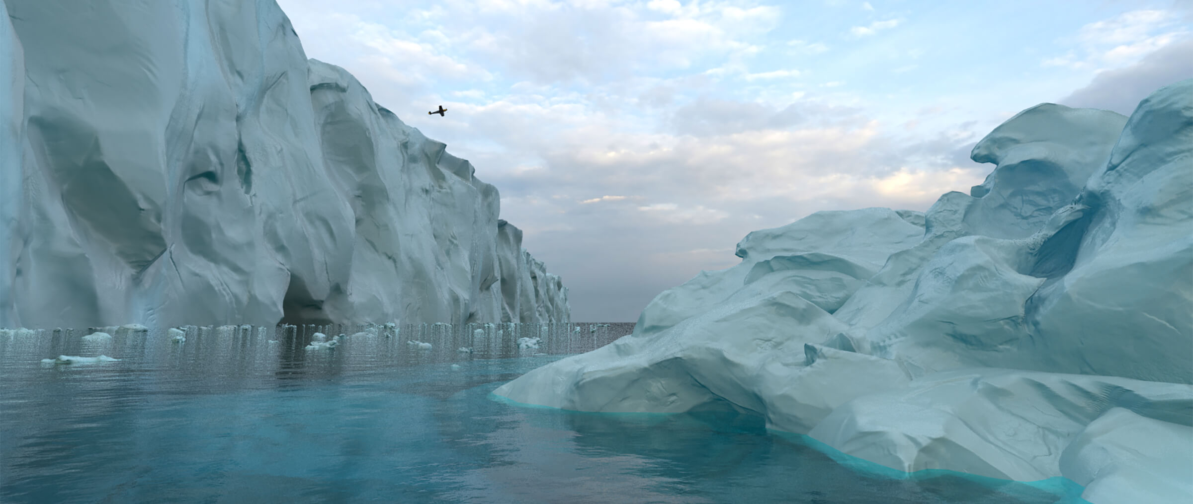 Amorphous glaciers in an arctic environment. Ice chunks flow in the water between them while a plane flies overhead.