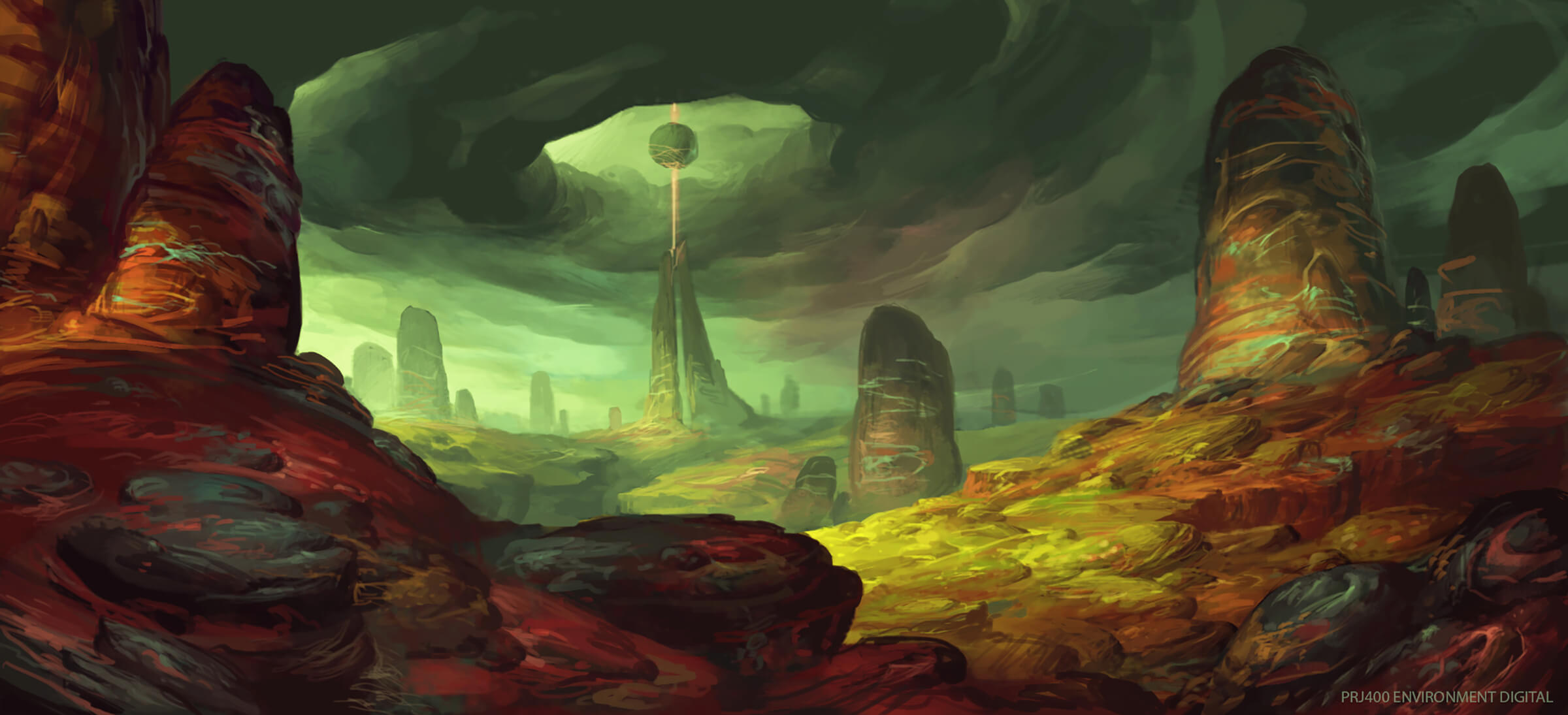 A rocky, alien environment with colorful outcroppings. A sphere floats above one such pinnacle surrounded by storm clouds.