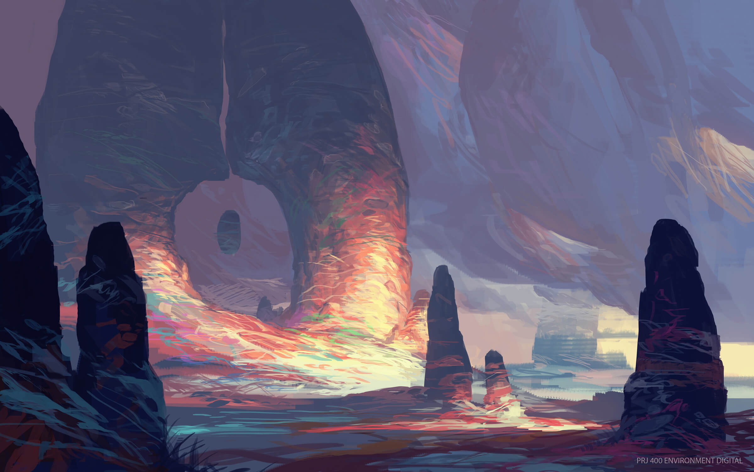 A rocky, alien environment with colorful outcroppings. An ovoid boulder floats inexplicably in between two stone spires.