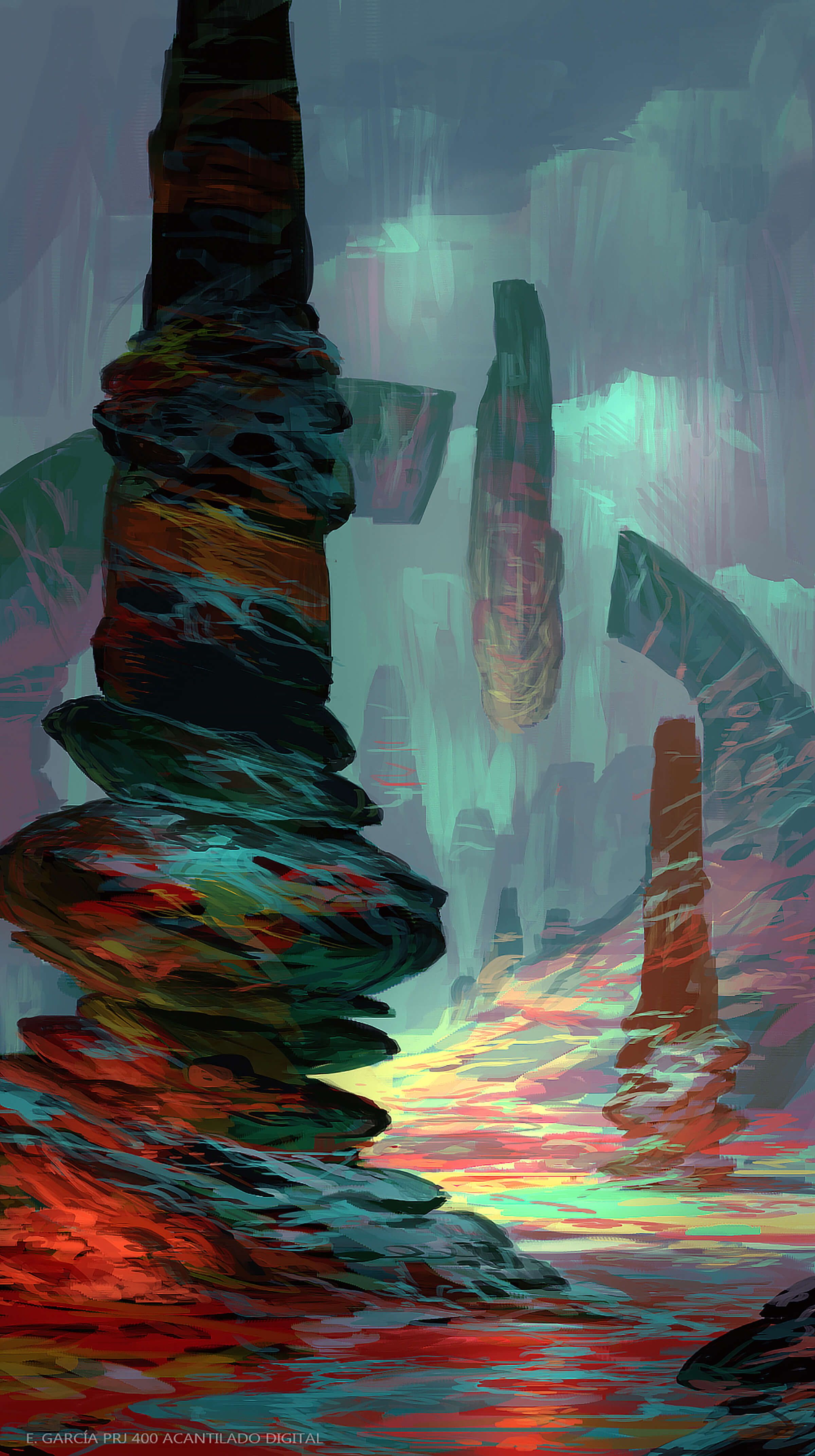 A rocky, alien environment with colorful outcroppings. A slender strip of stone hovers mysteriously above the landscape.