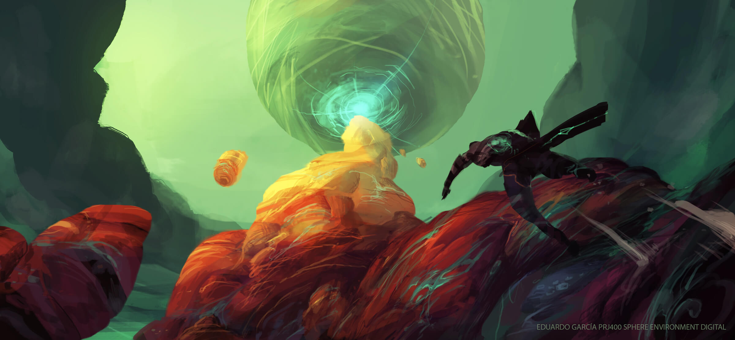 A figure runs up a multicolored stone outcropping toward a stony sphere hanging precariously against a hazy green alien sky.