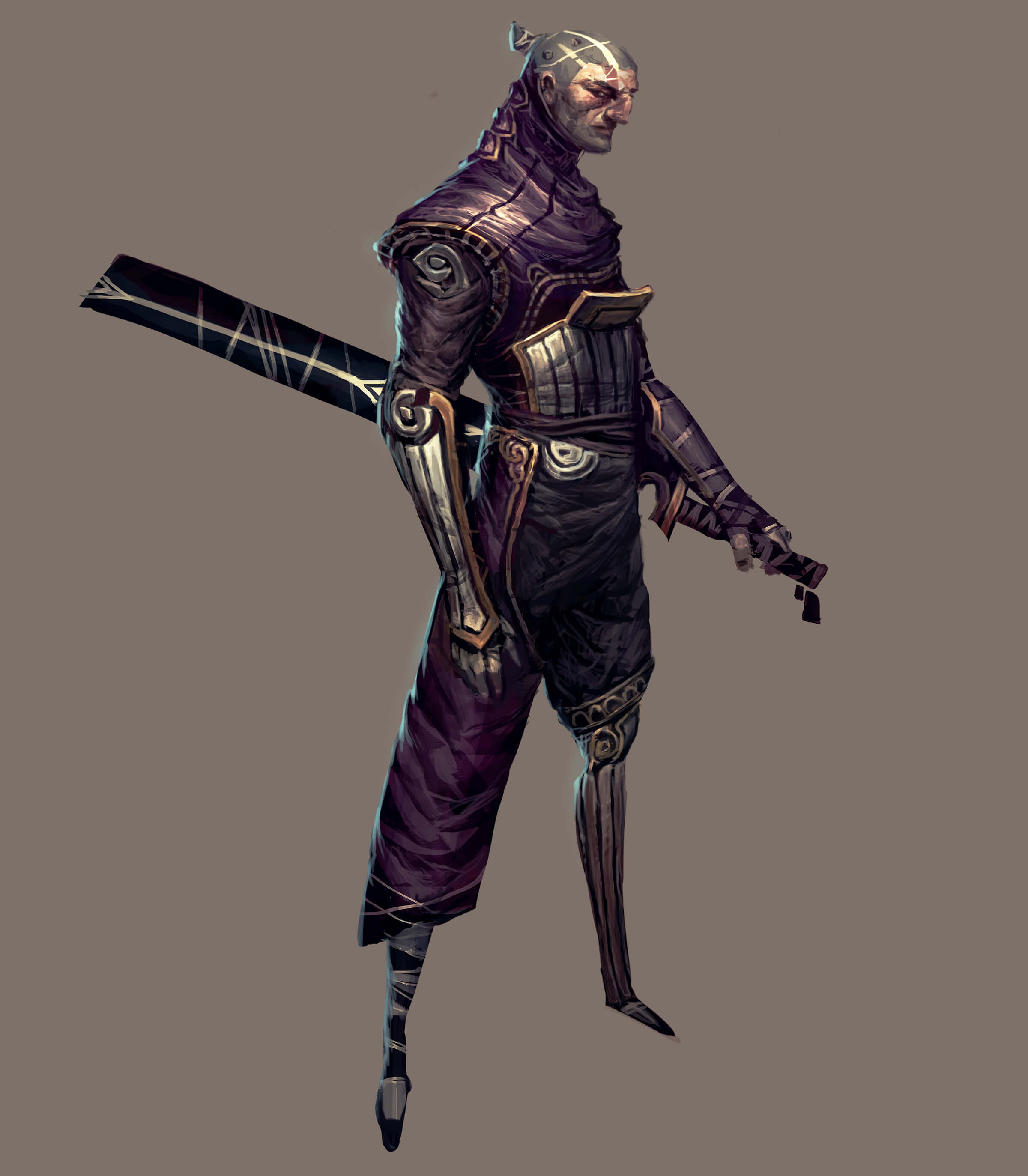 Un guerrero con un ornamentado uniforme púrpura y plateado visto de lado con una espada envainada en la cadera.