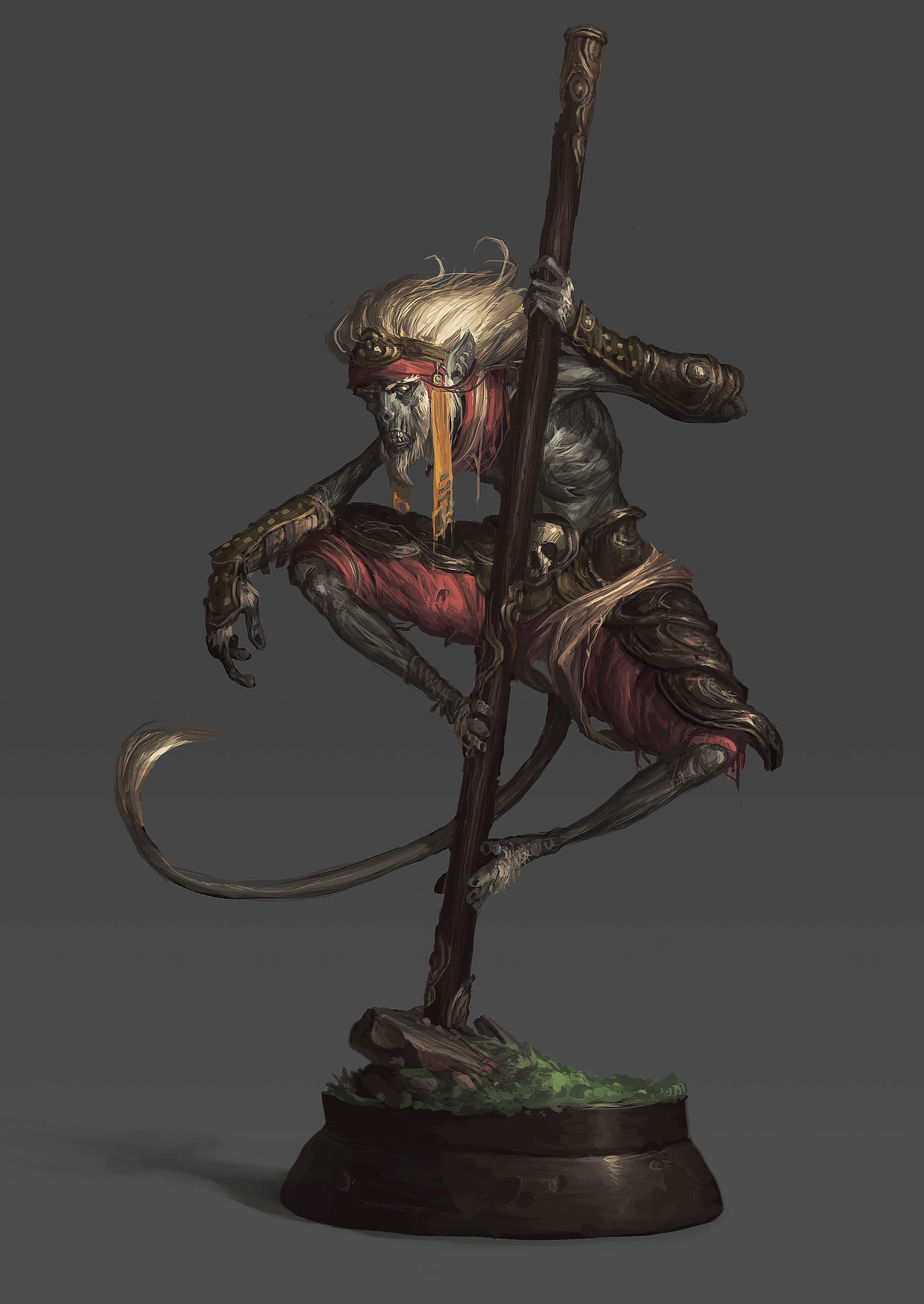 A desiccated or undead monkey with white hair balances on a tall wooden staff while dressed in ancient warrior garb.