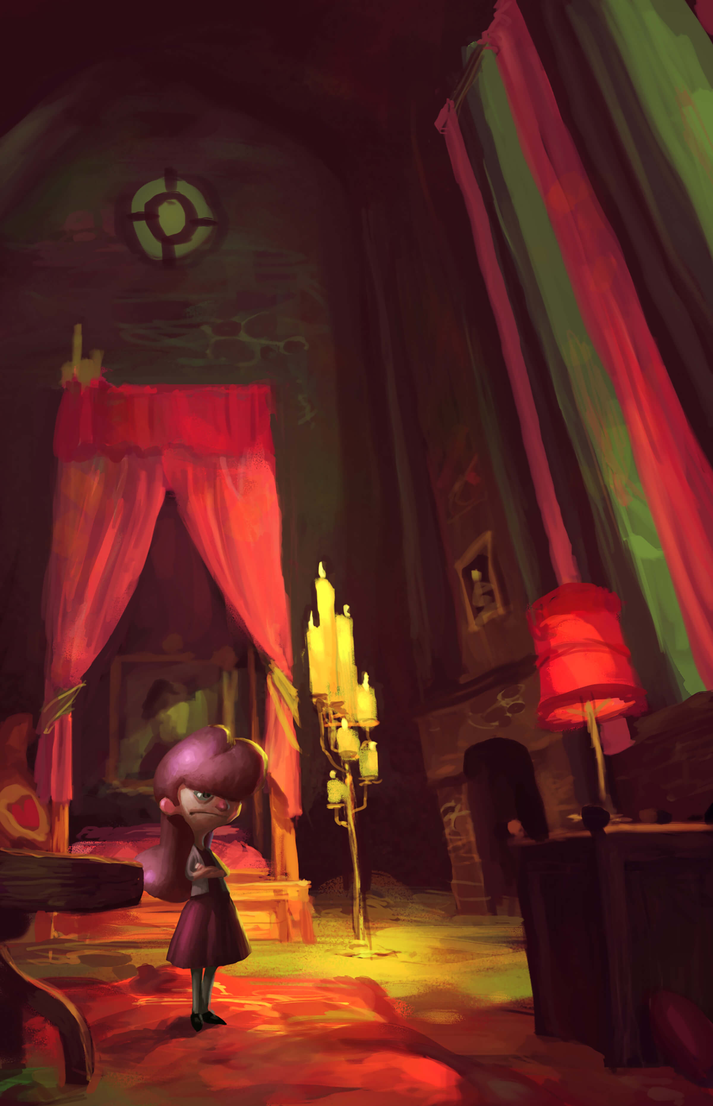 Una joven con una mirada molesta se encuentra en un dormitorio cavernoso a la luz de las velas. Su cabello, vestido y muebles son de color rosa.