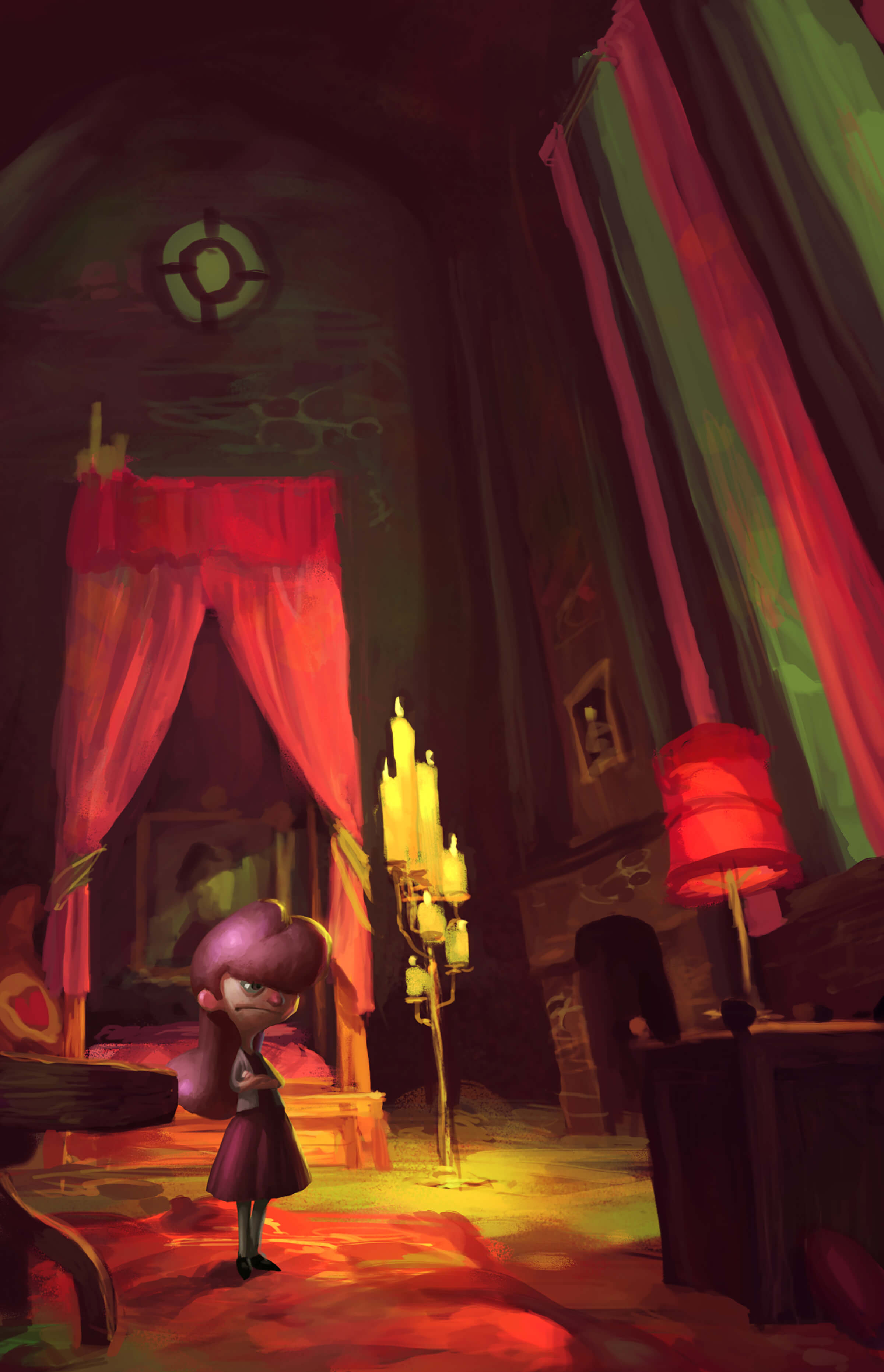 A young girl with an annoyed look stands in a cavernous, candlelit bedroom. Her hair, dress, and furnishings are colored pink