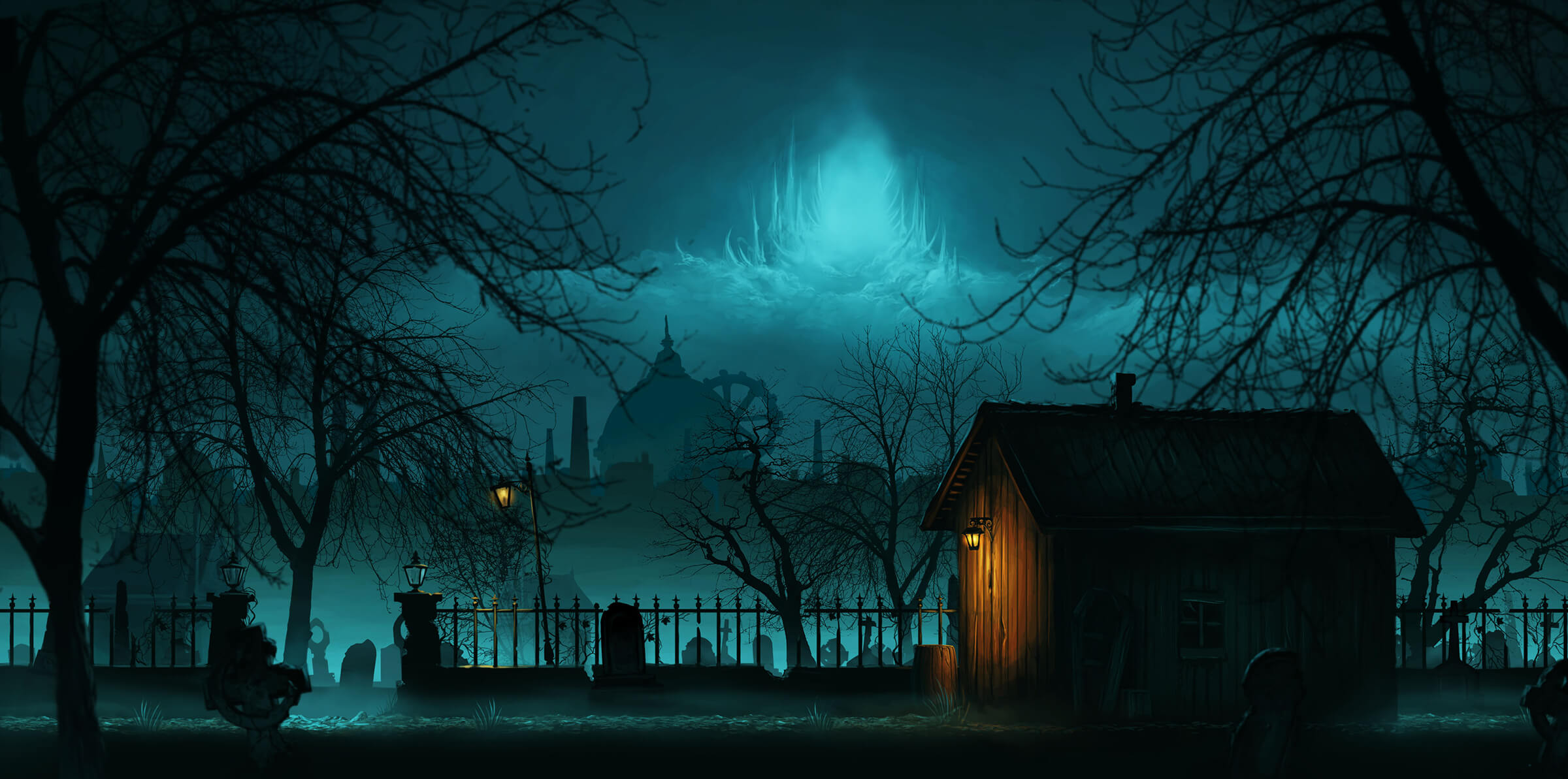 A wooden shack stands in a graveyard at night. The cityscape and sky in the distance are lit with ethereal blue light.