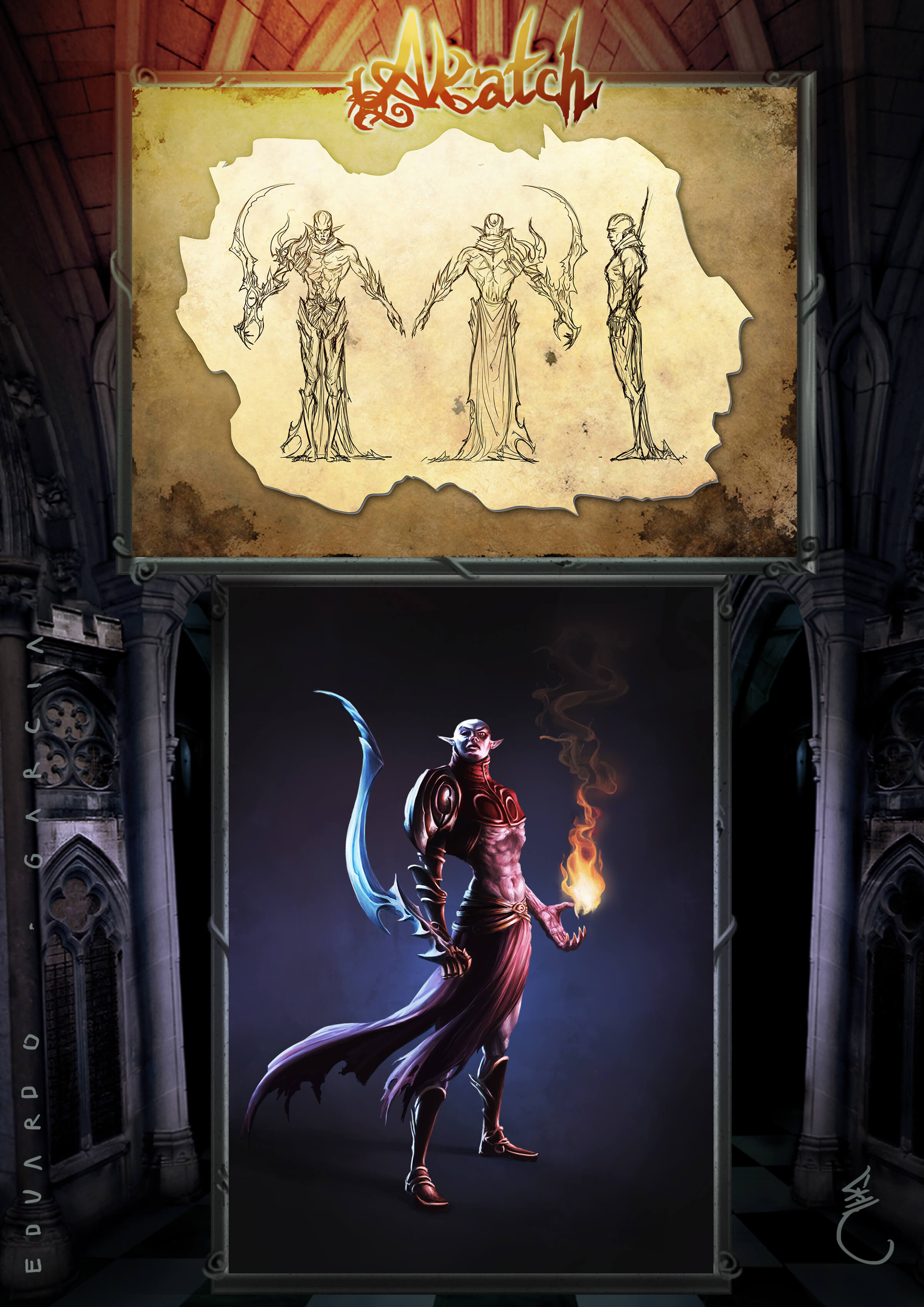 A demonic figure stands proudly with an ornate, curved blade in one hand, and a ball of flame in the other.