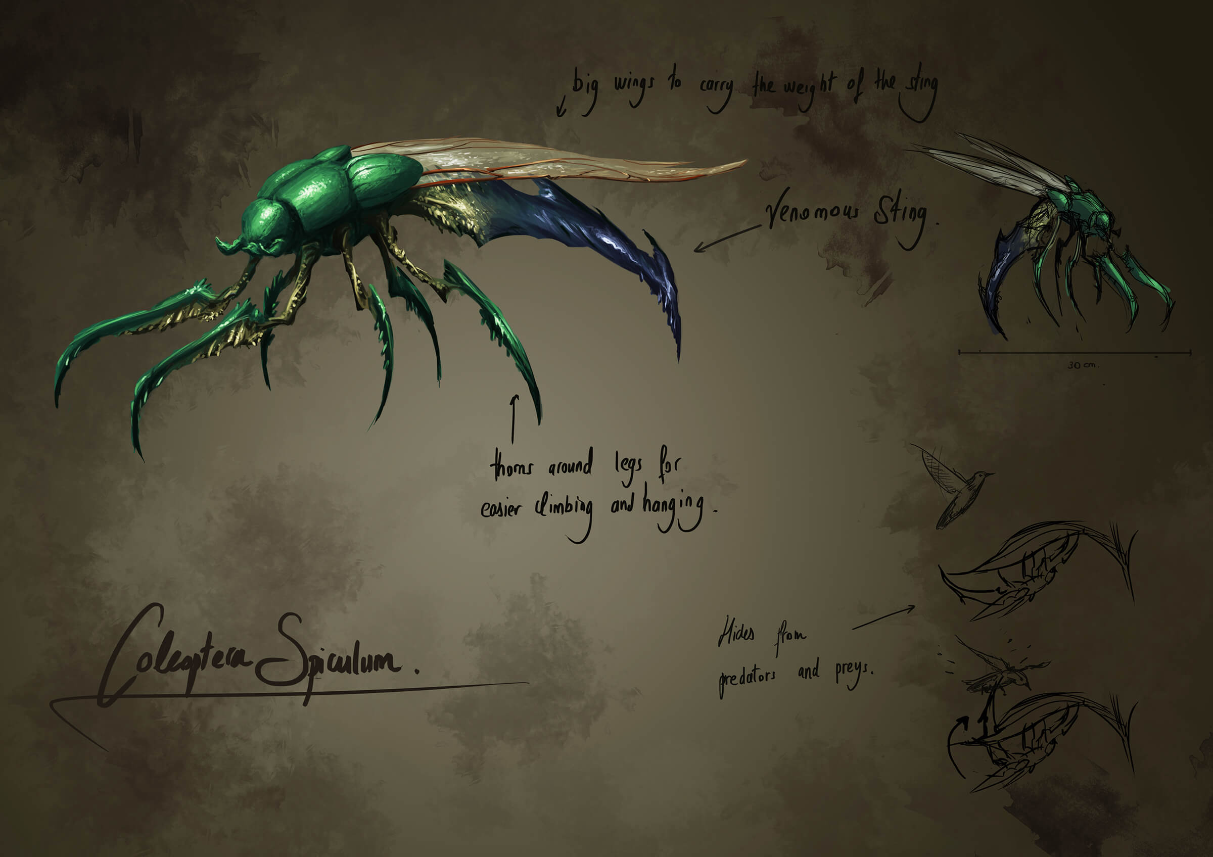 Arte conceptual de un escarabajo alienígena verde con patas largas en forma de garra y un temible aguijón azul que sobresale por detrás.
