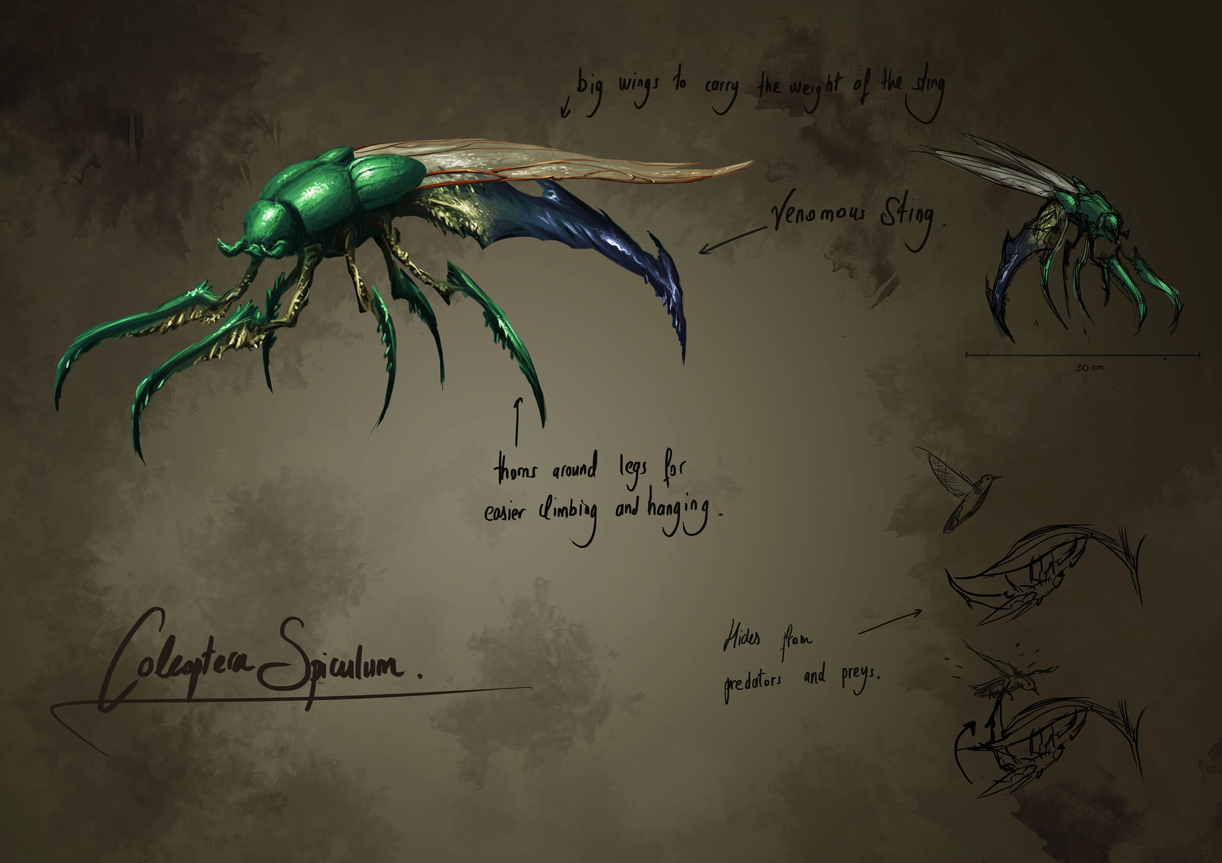 Concept art of a green, alien beetle with long, talon-like legs and a fearsome blue stinger protruding from behind.