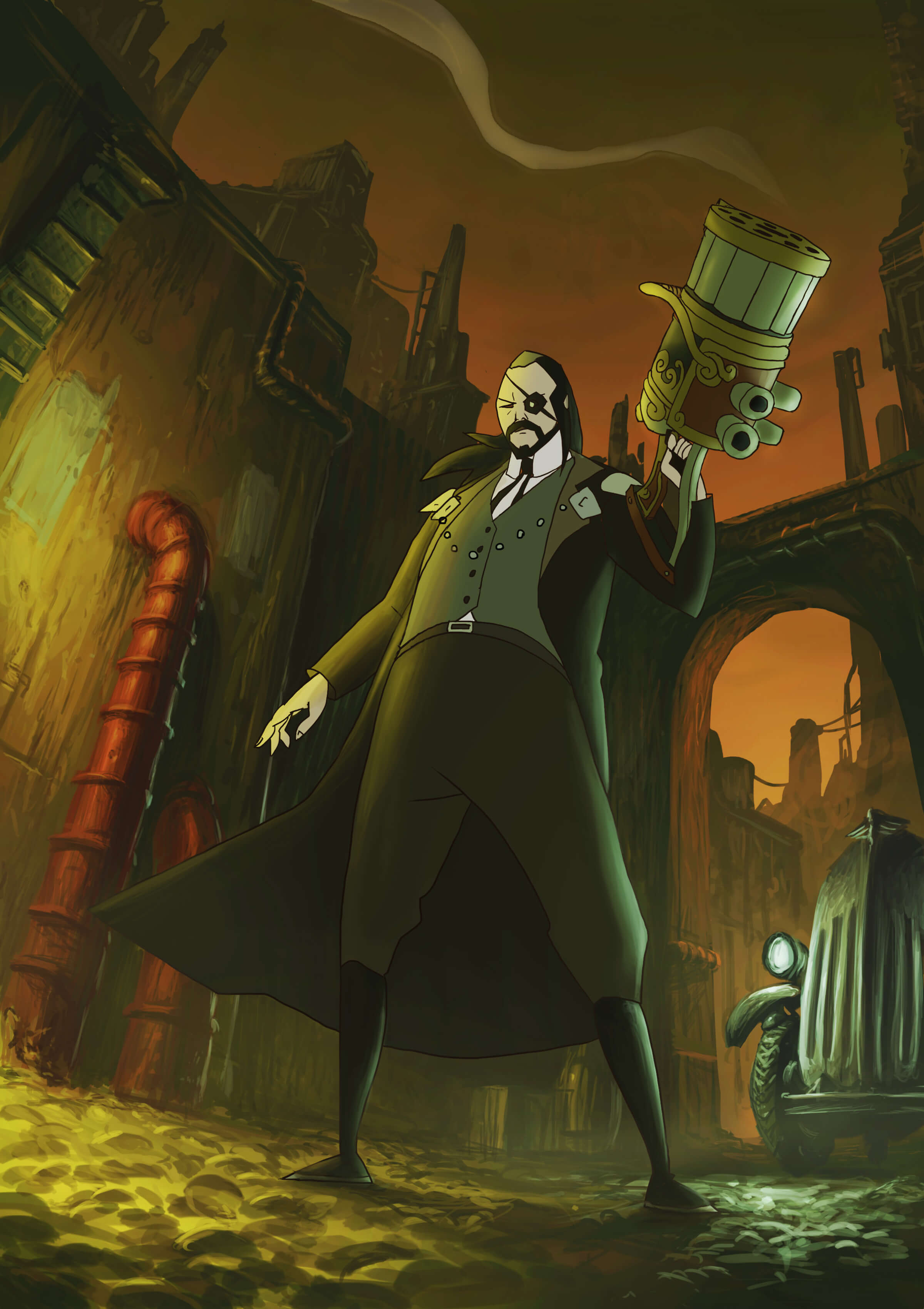 Un hombre con un parche en el ojo y un atuendo steampunk en un callejón industrial sosteniendo en una mano un arma grande de forma ovalada.