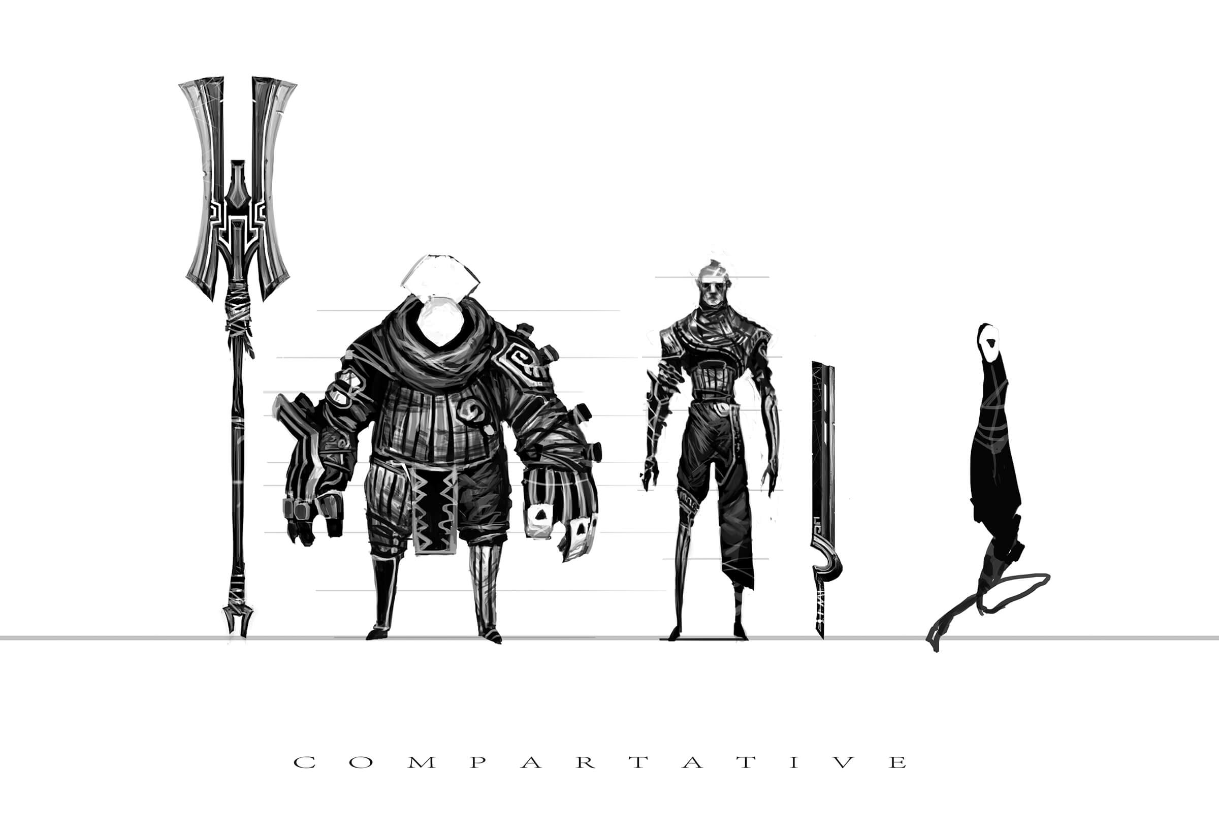 Black-and-white sketches of warriors in ornate battle gear standing face-forward next to their oversize weapons.