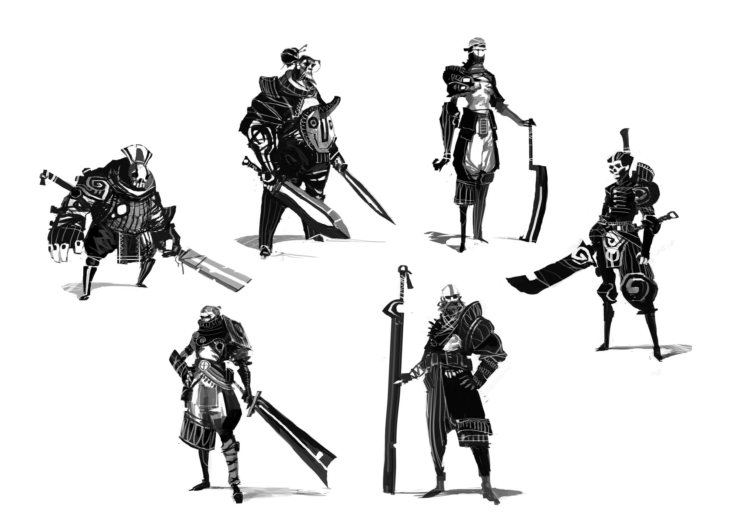 Black-and-white sketches of fearsome warriors posing with their oversized swords in ornate battle gear.