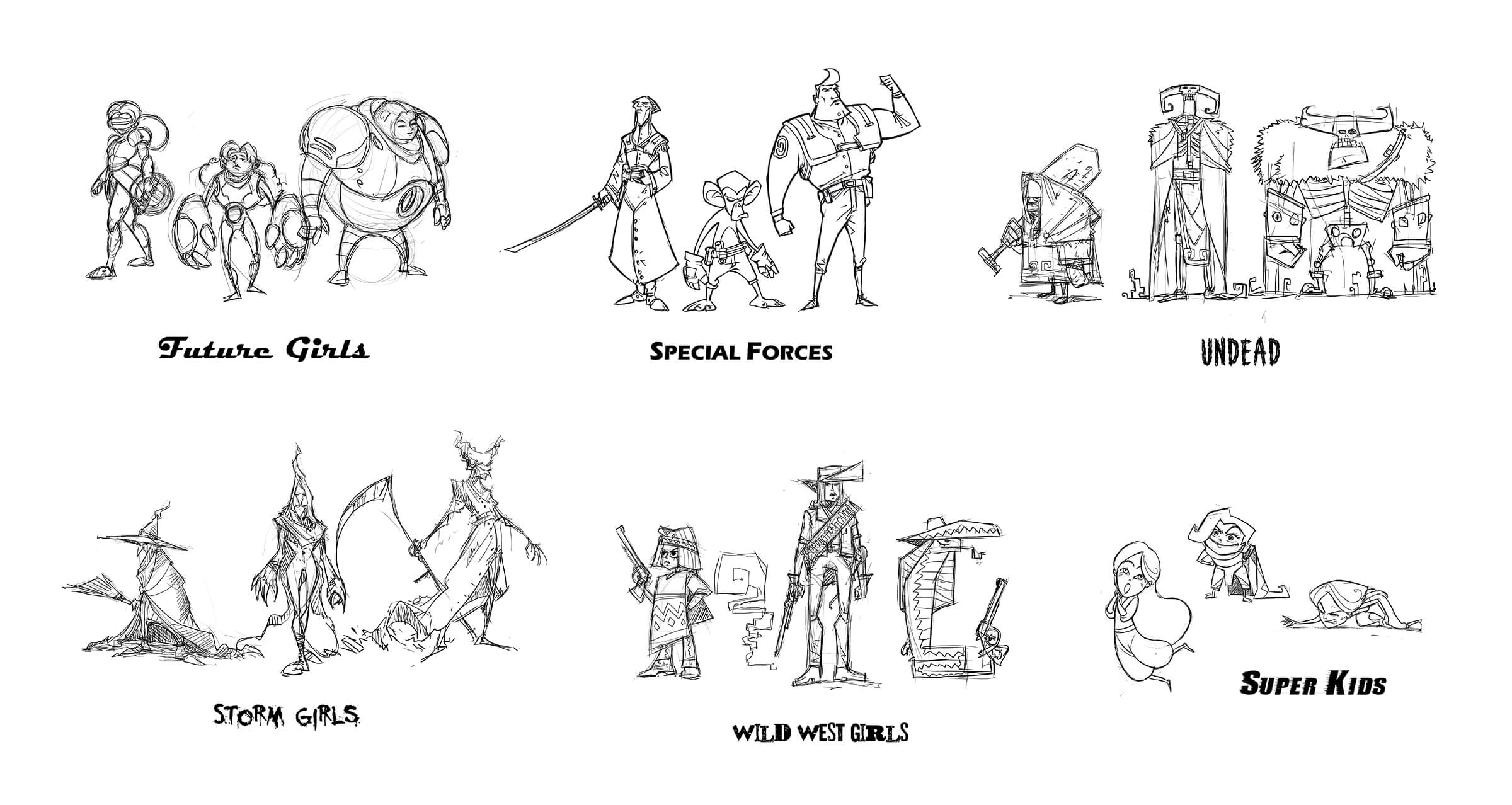 Sketches of 6 groups of combatants each in categories such as Undead, Super Kids, Wild West Girls, and Special Forces.