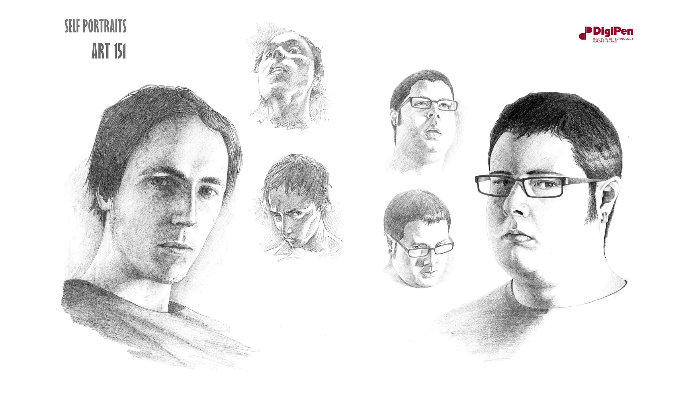 Autorretratos en blanco y negro de los rostros de dos artistas masculinos desde diferentes ángulos, uno lleva gafas y dos de ellos pendientes.