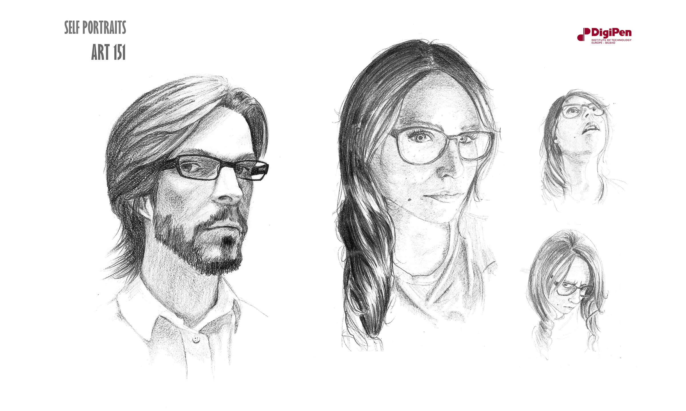 Black-and-white self portraits of a male and female artists&#039; faces. Each wear eyeglasses and the man has a beard.