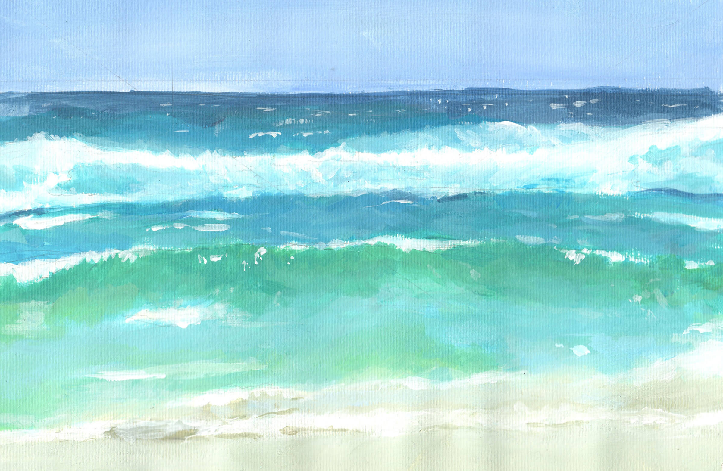 Landscape painting of waves cresting toward the viewer on a sandy beach. Hues of blue get darker the further out one looks.