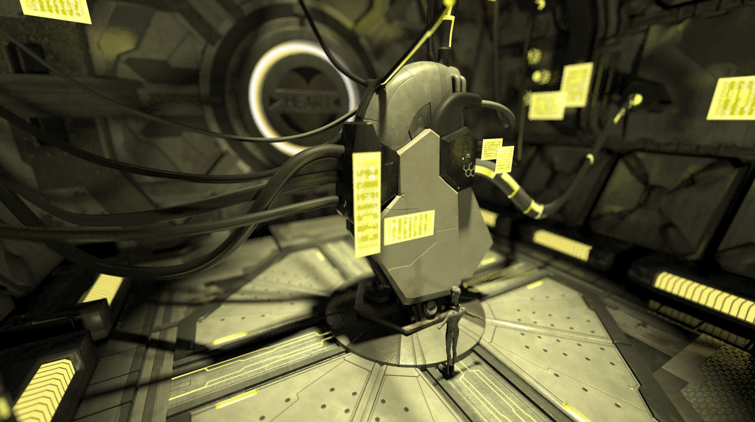 3D CGI concept image of a man standing before a towering mechanical metal structure hooked into the walls by tubes and cables