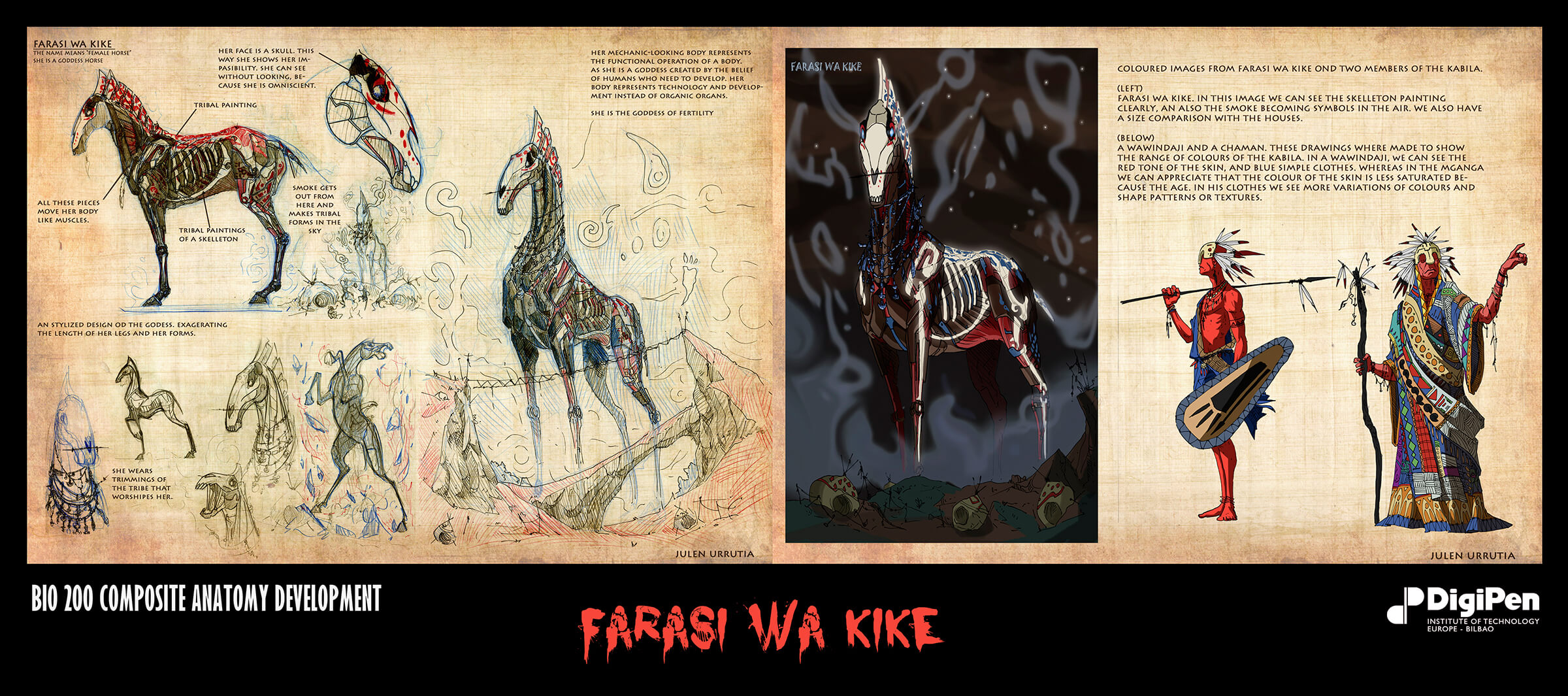 Concept art of a red-white-and-blue adorned skeletal-mechanical horse and red-colored shamans in ancient garb.