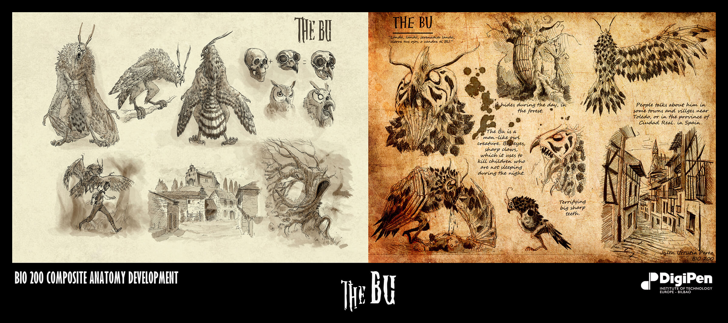 Bocetos en blanco y negro de una enorme bestia parecida a un búho, incluida su anatomía y la explicación de sus hábitos.