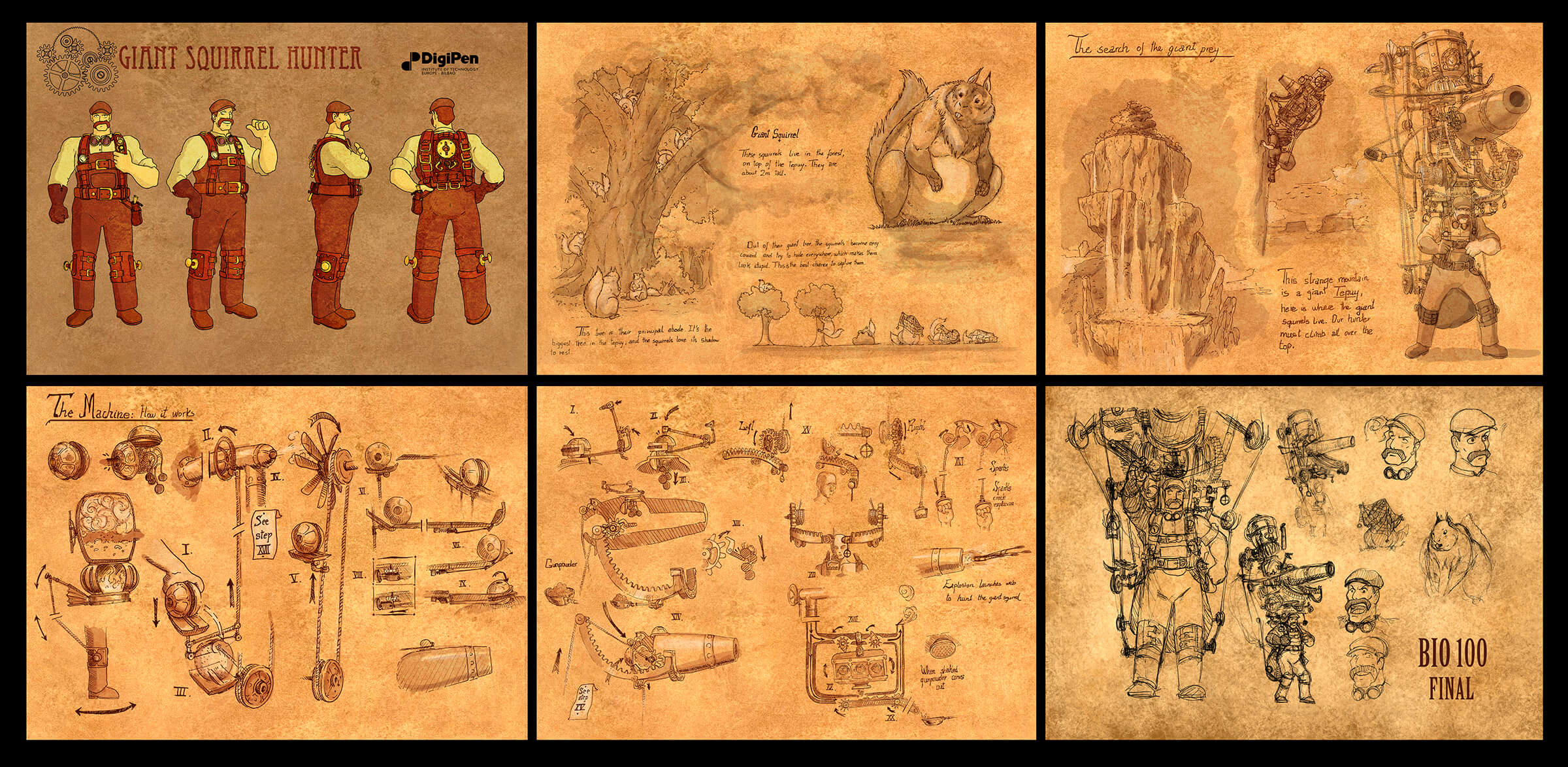 Sepia-toned concept art of a squirrel hunter character, his mechanical equipment, and a description of giant squirrel beasts.