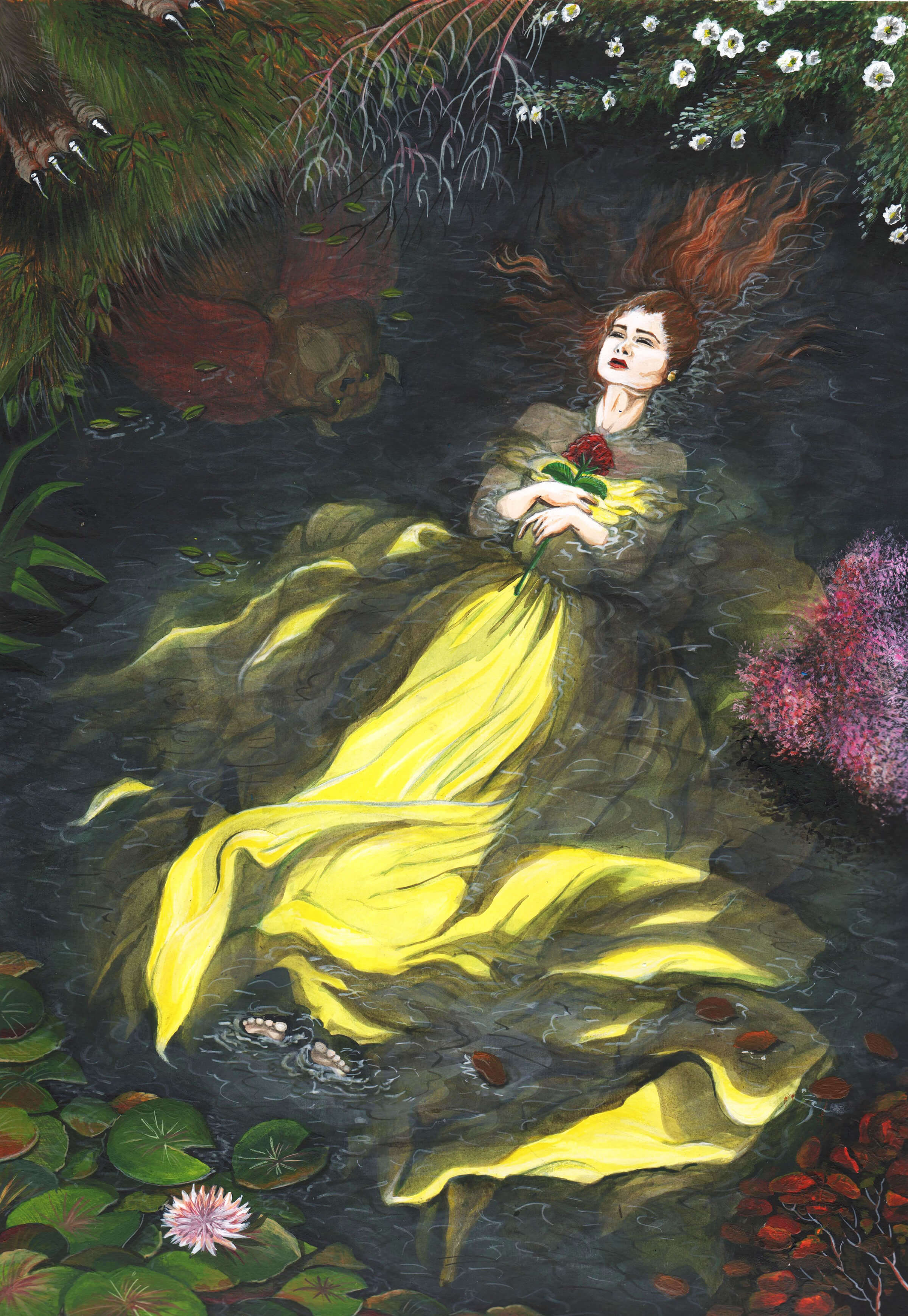 A woman in a flowing yellow dress clutches a single red flower at her chest floating unconscious in a forest pond.