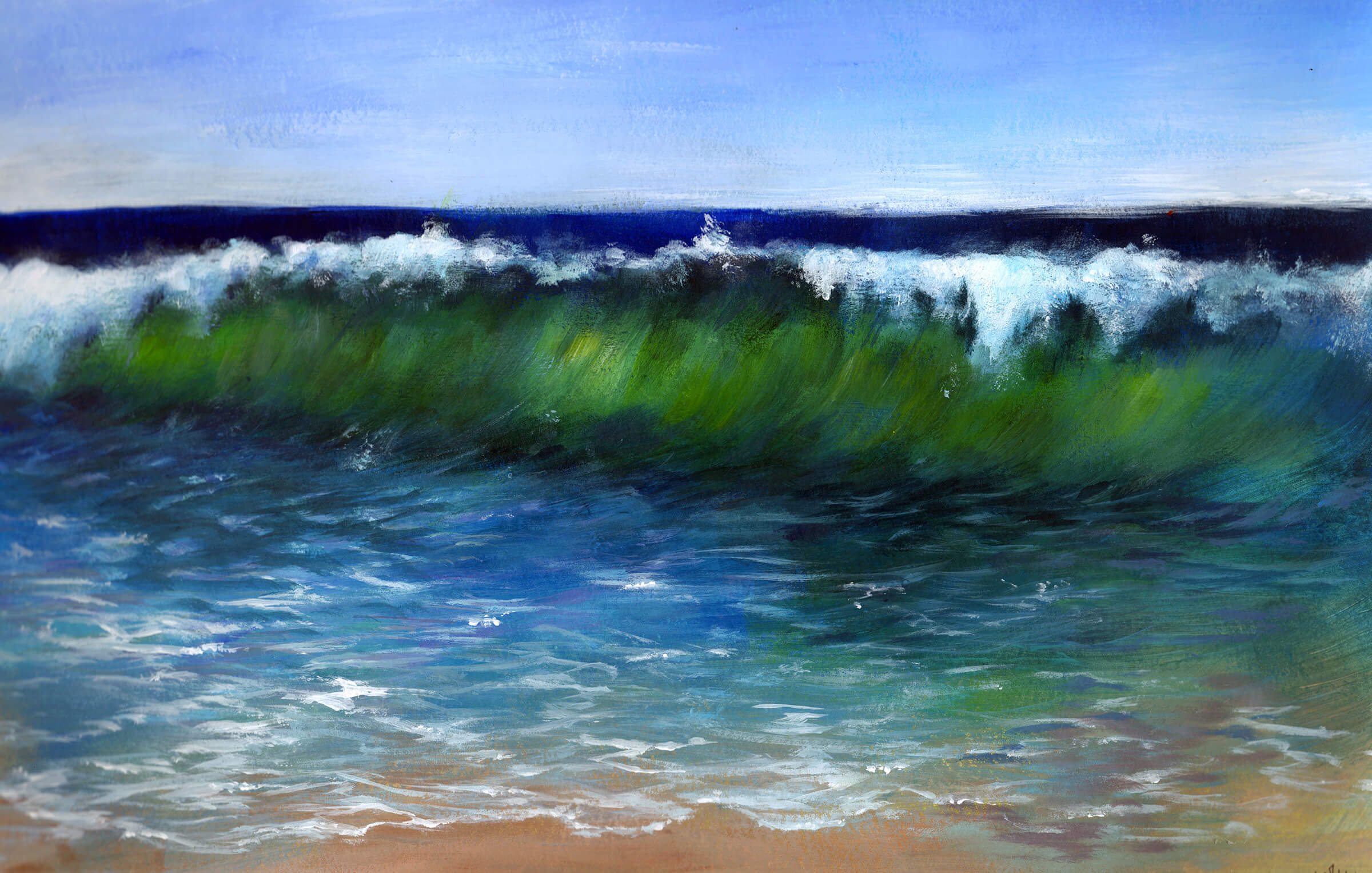 A greenish wave crests toward the viewer near a sandy shore. Blue skies and a deeply blue ocean are seen behind.