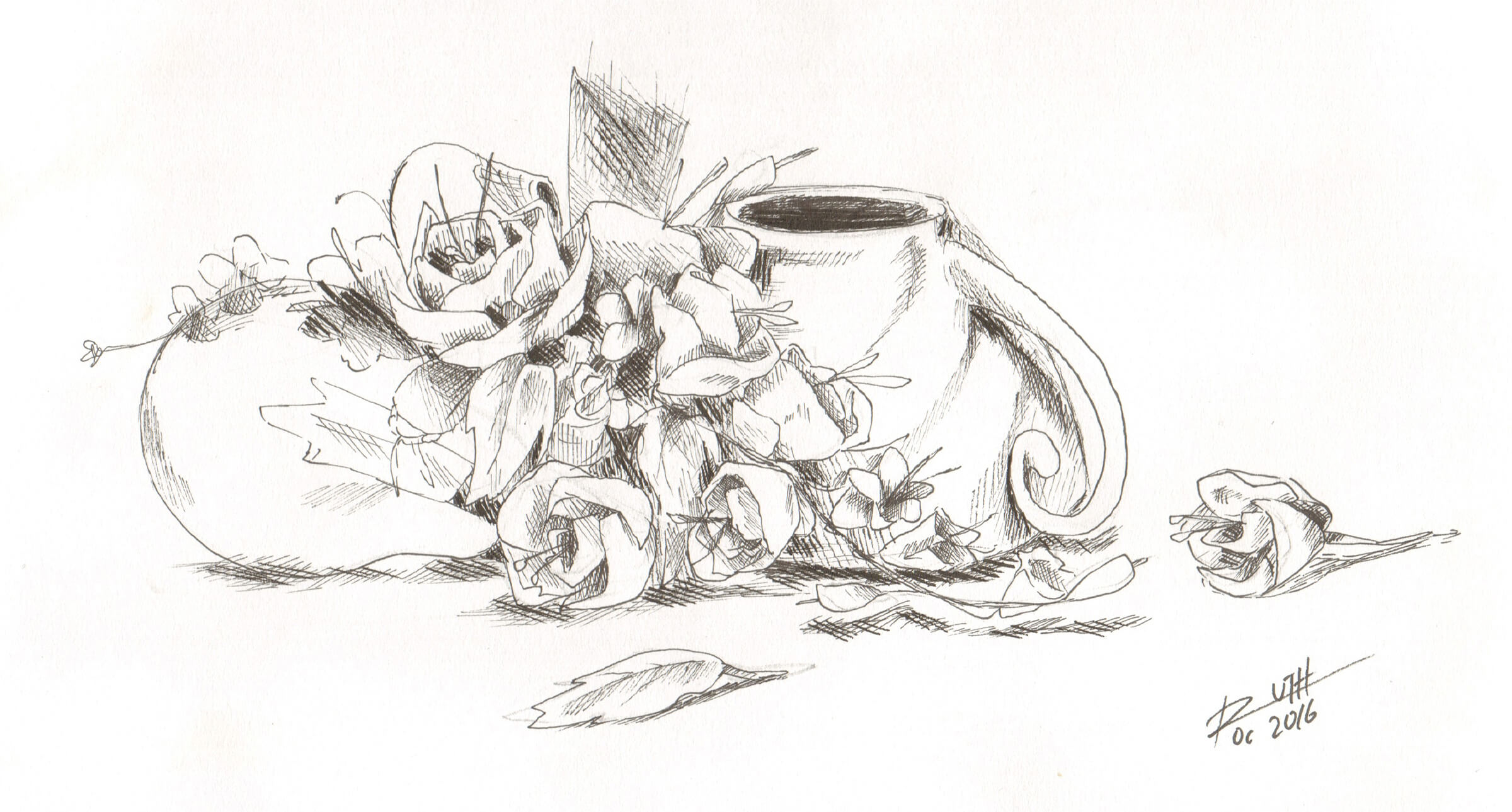 Bodegón, boceto en blanco y negro de una taza volcada, una bombilla y unas flores.