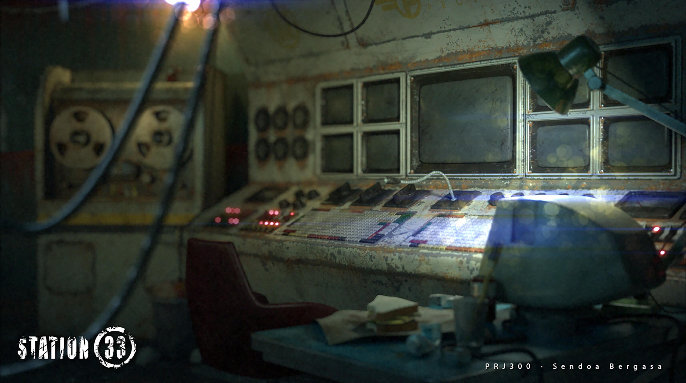 An abandoned, antiquated control console of monitors, magnetic tape computers, switches, and keyboards.